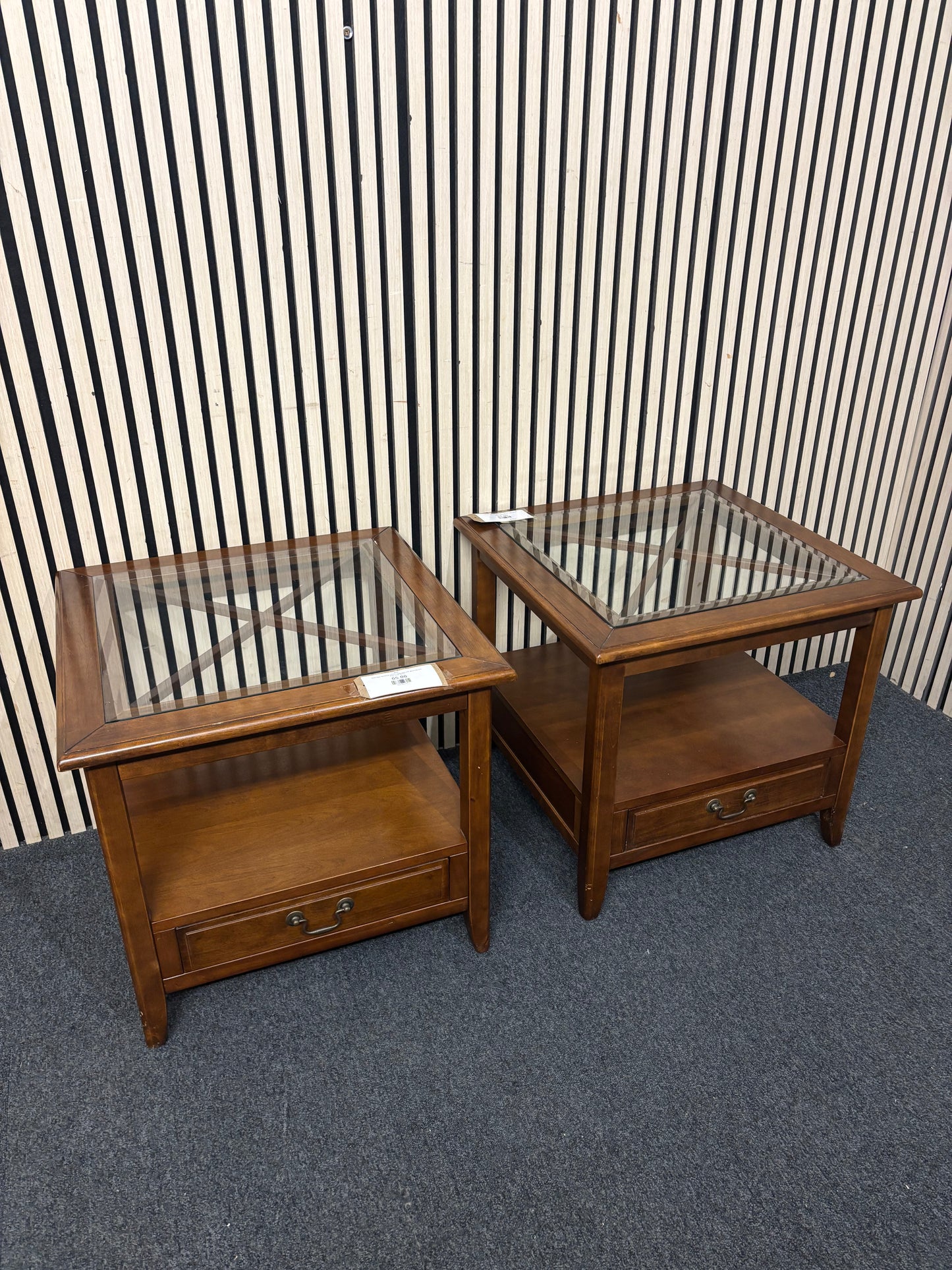 Solid dark wood low square lamp table with glass top and base shelf  44107