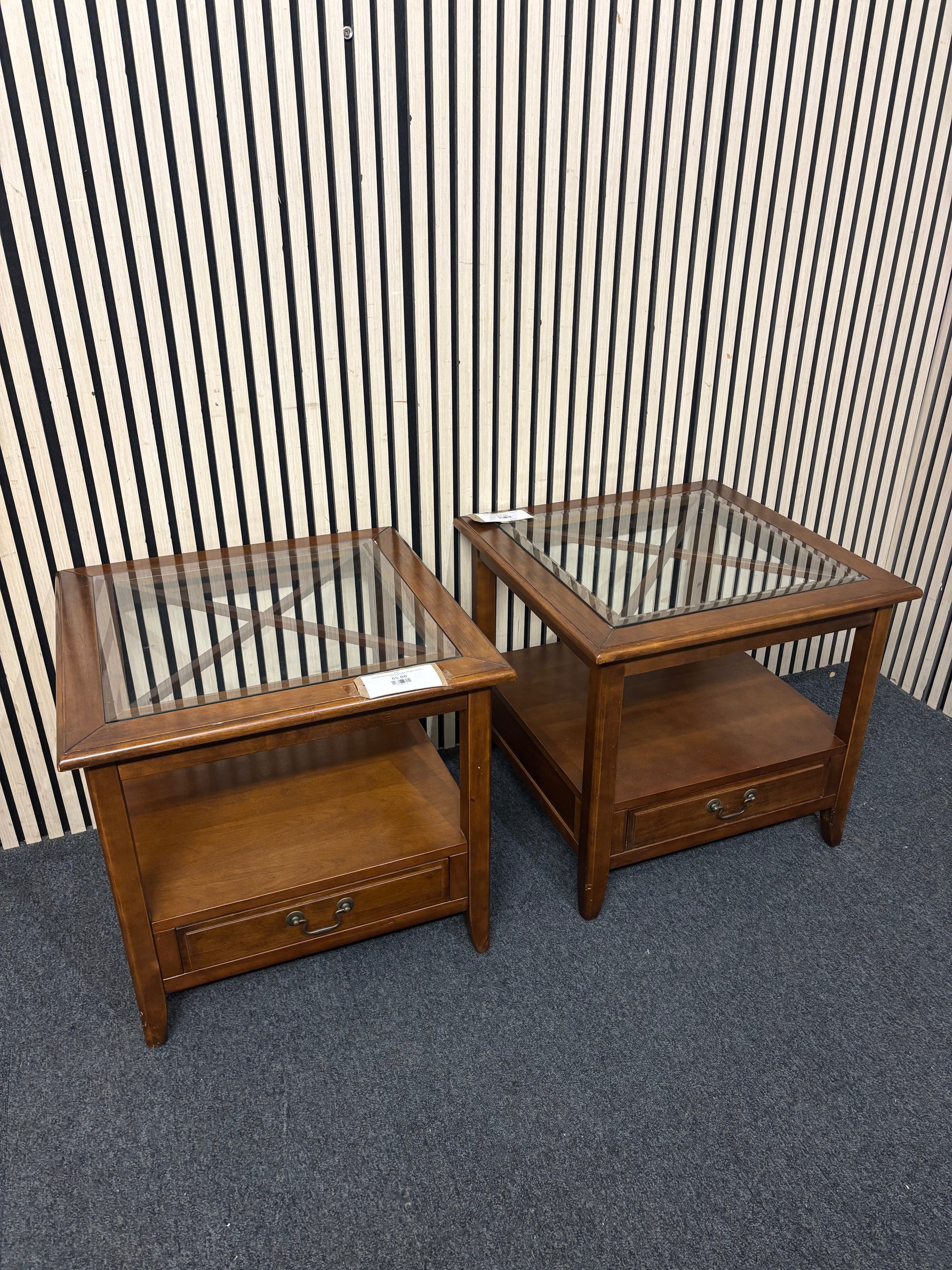 Solid dark wood low square lamp table with glass top and base shelf  44107