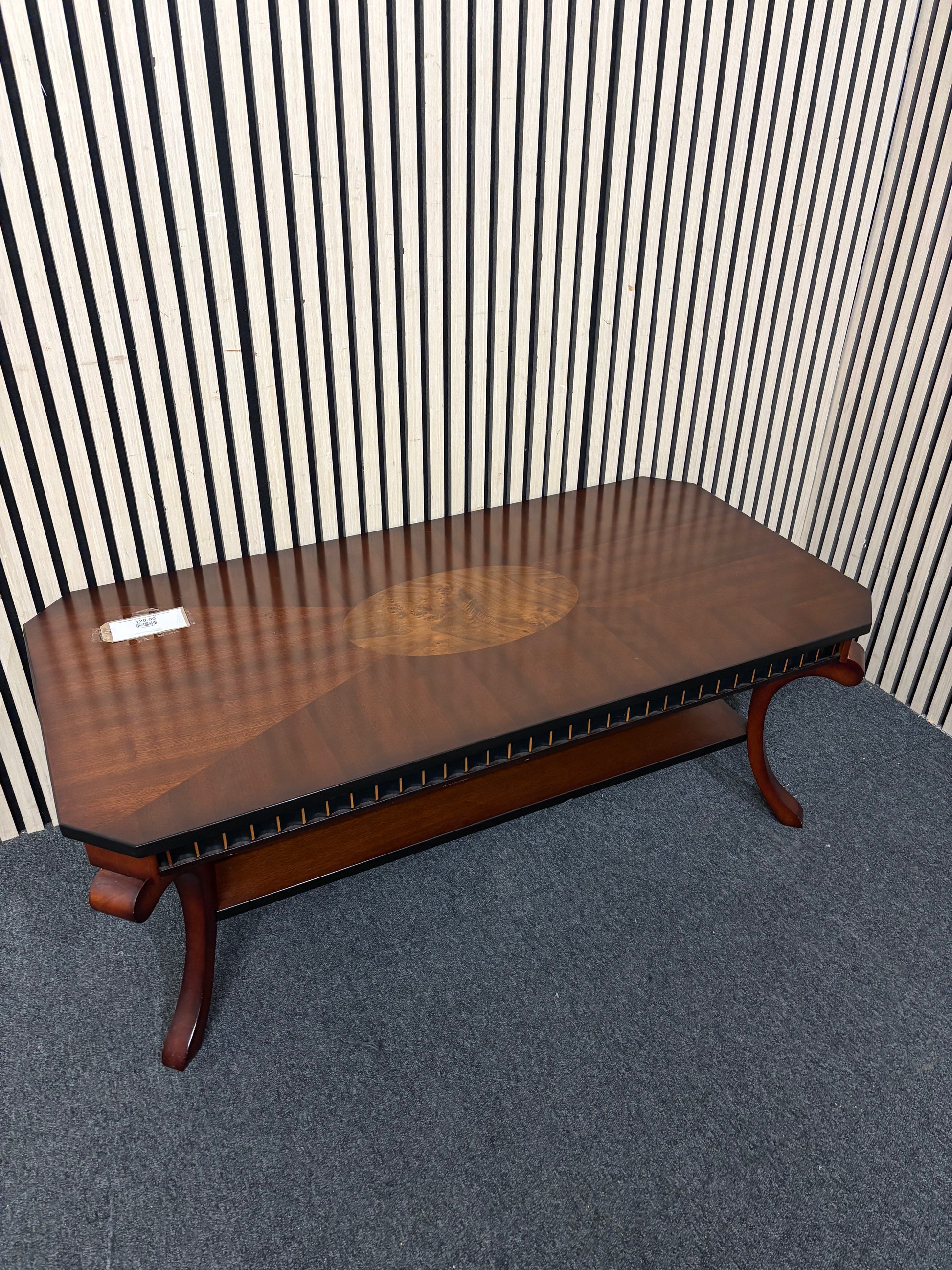 Ornate rectangular mahogany inlaid coffee table W120 D60