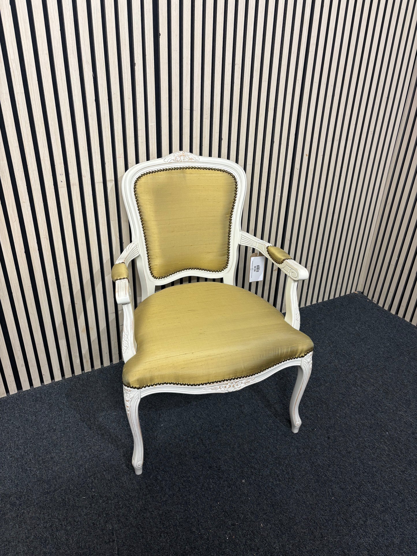 Solid white framed carvers chair with light green fabric  44163
