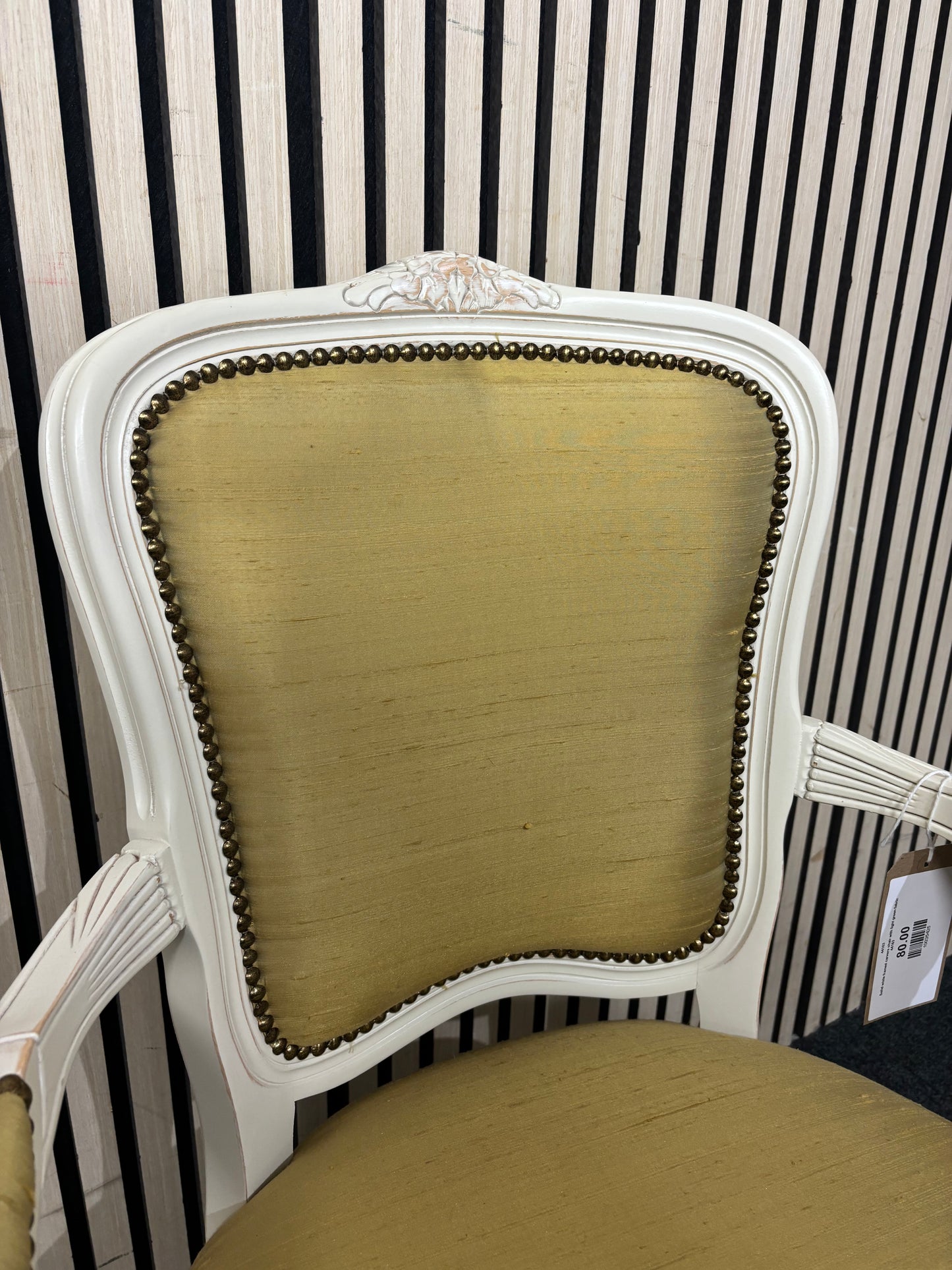 Solid white framed carvers chair with light green fabric  44163