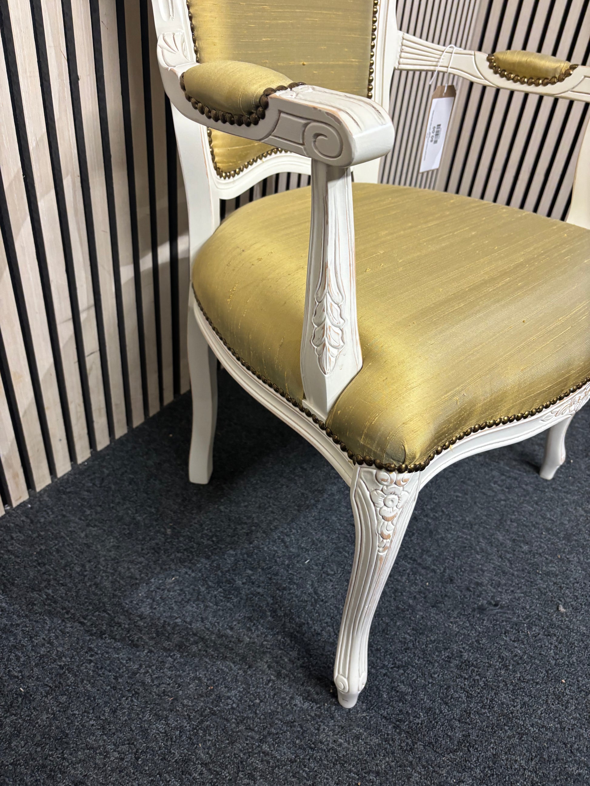 Solid white framed carvers chair with light green fabric  44163