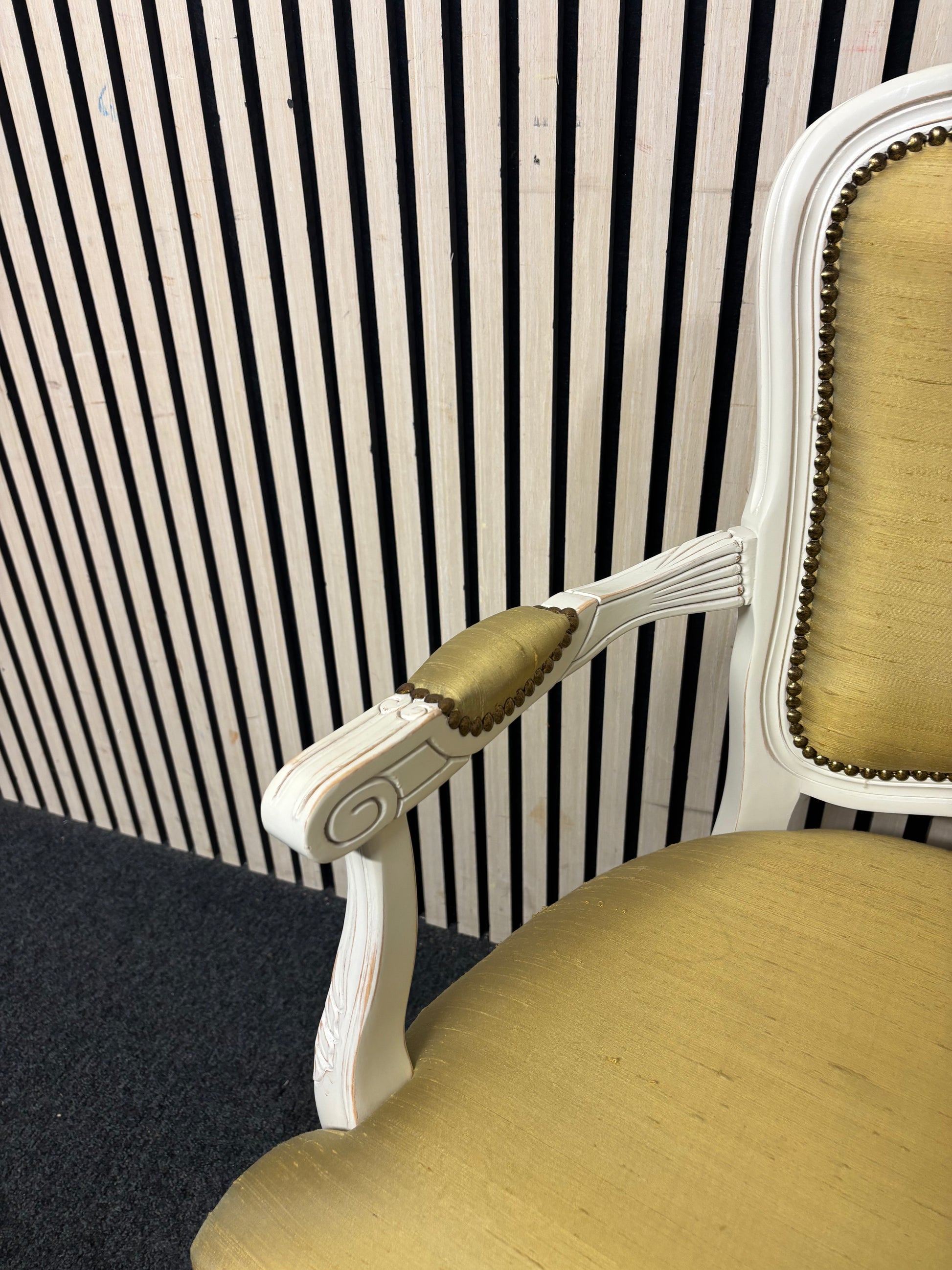 Solid white framed carvers chair with light green fabric  44163
