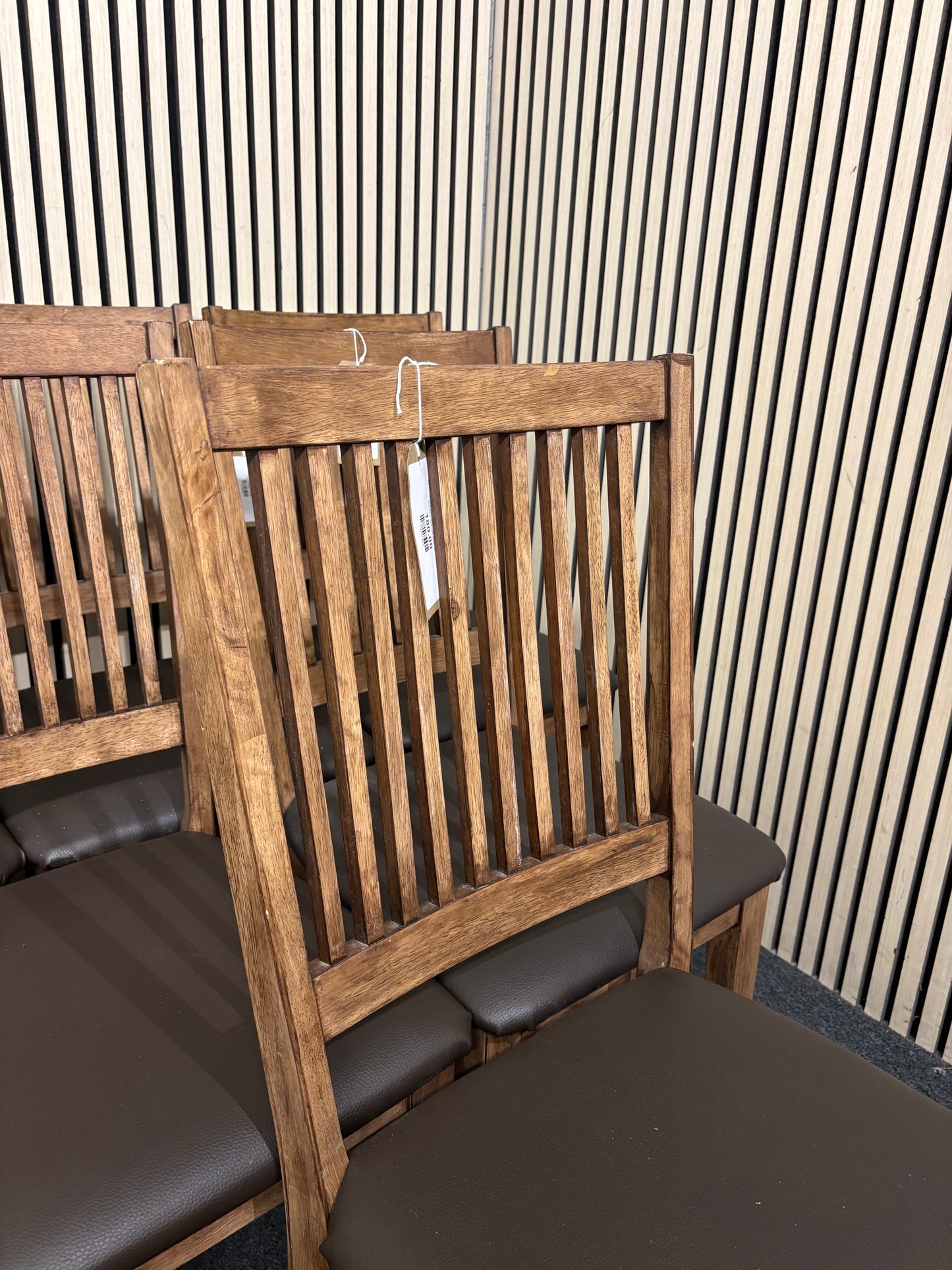Set of 6 no. high back dark wood stained kitchen chairs with black vinyl seat fabric  44211