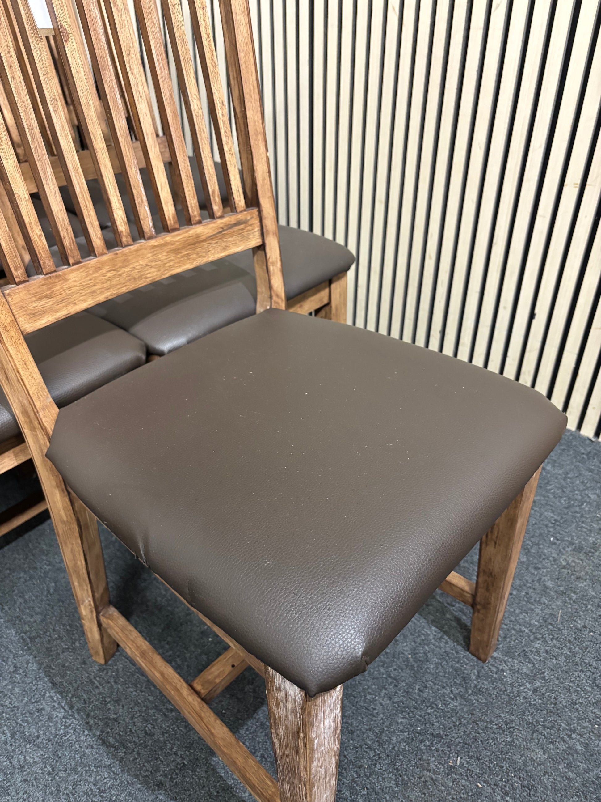 Set of 6 no. high back dark wood stained kitchen chairs with black vinyl seat fabric  44211