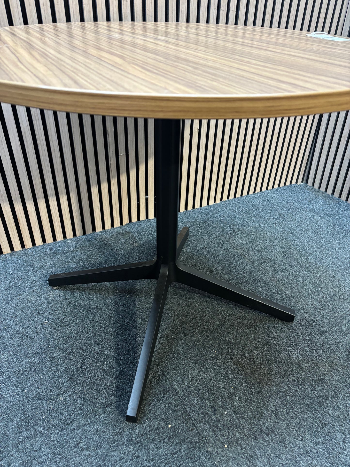 Round cafe table with wood-effect top and black metal base.  J3943
