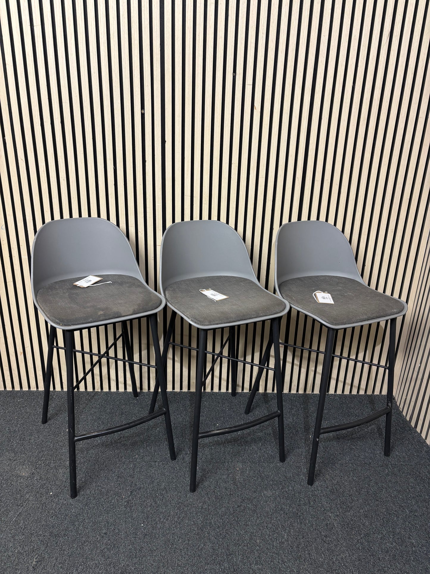 Tall black metal bar stool, grey padded fabric plastic back bar stool  44359