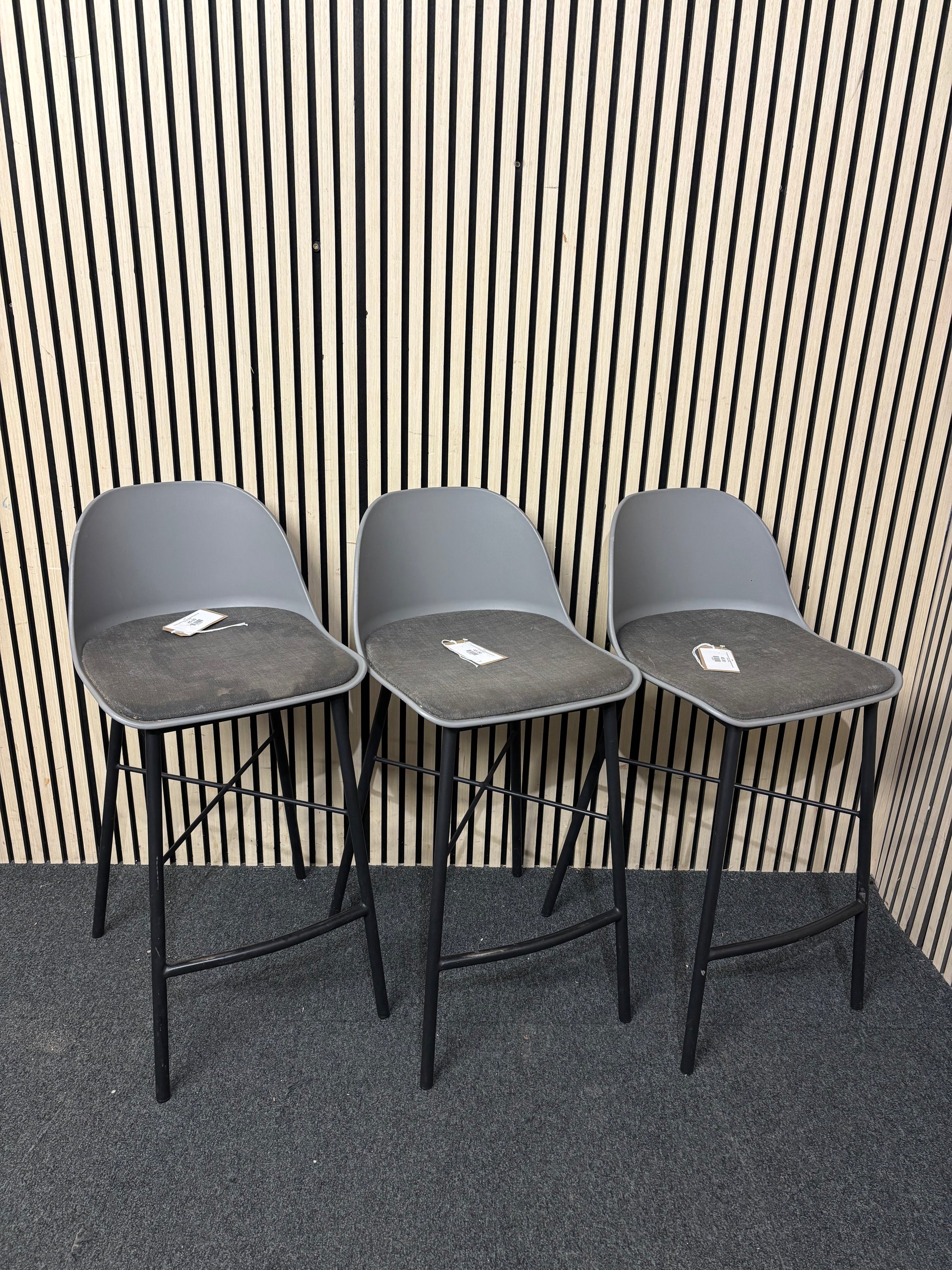 Tall black metal bar stool, grey padded fabric plastic back bar stool  44359