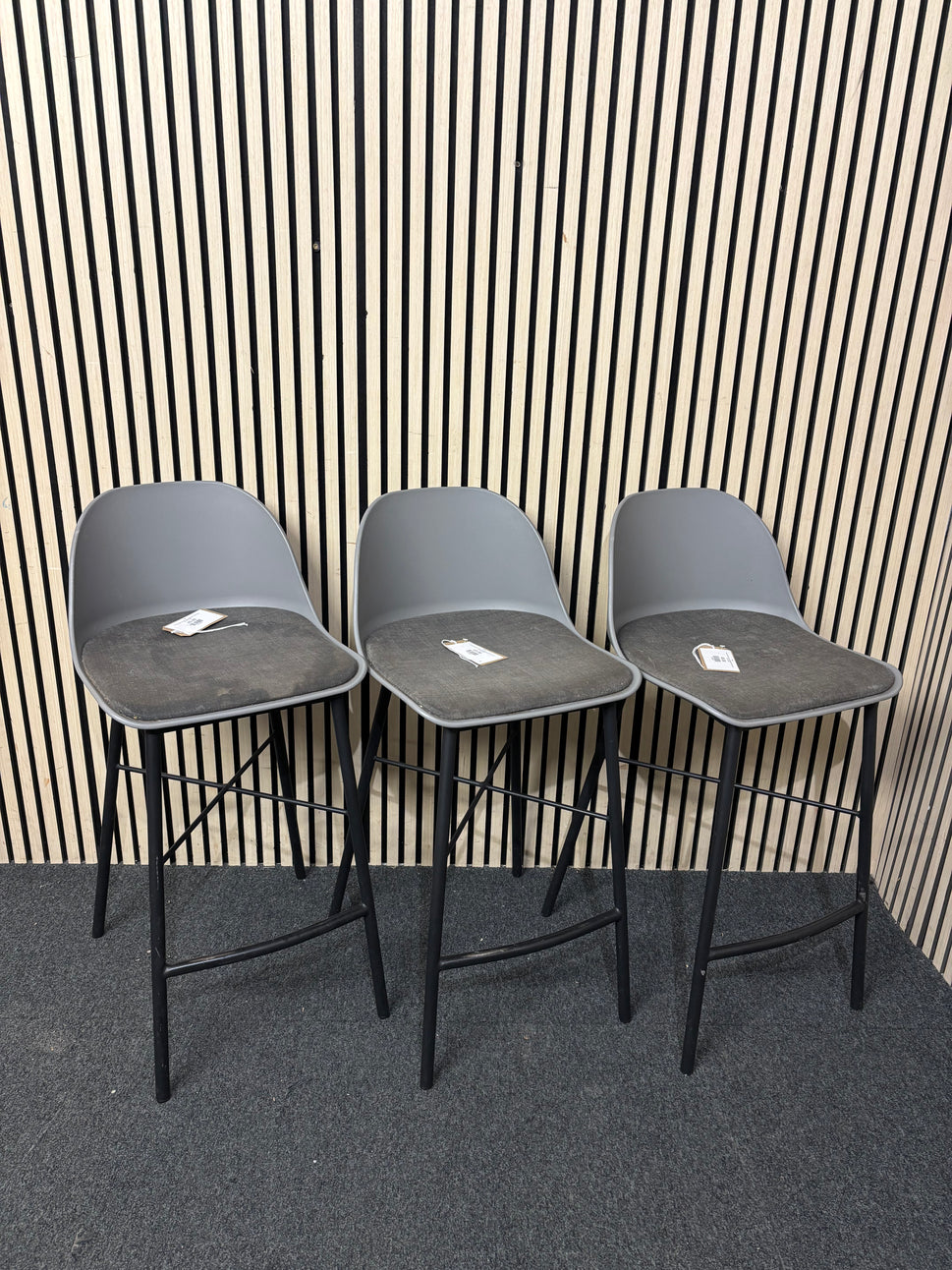 Tall black metal bar stool, grey padded fabric plastic back bar stool  44359