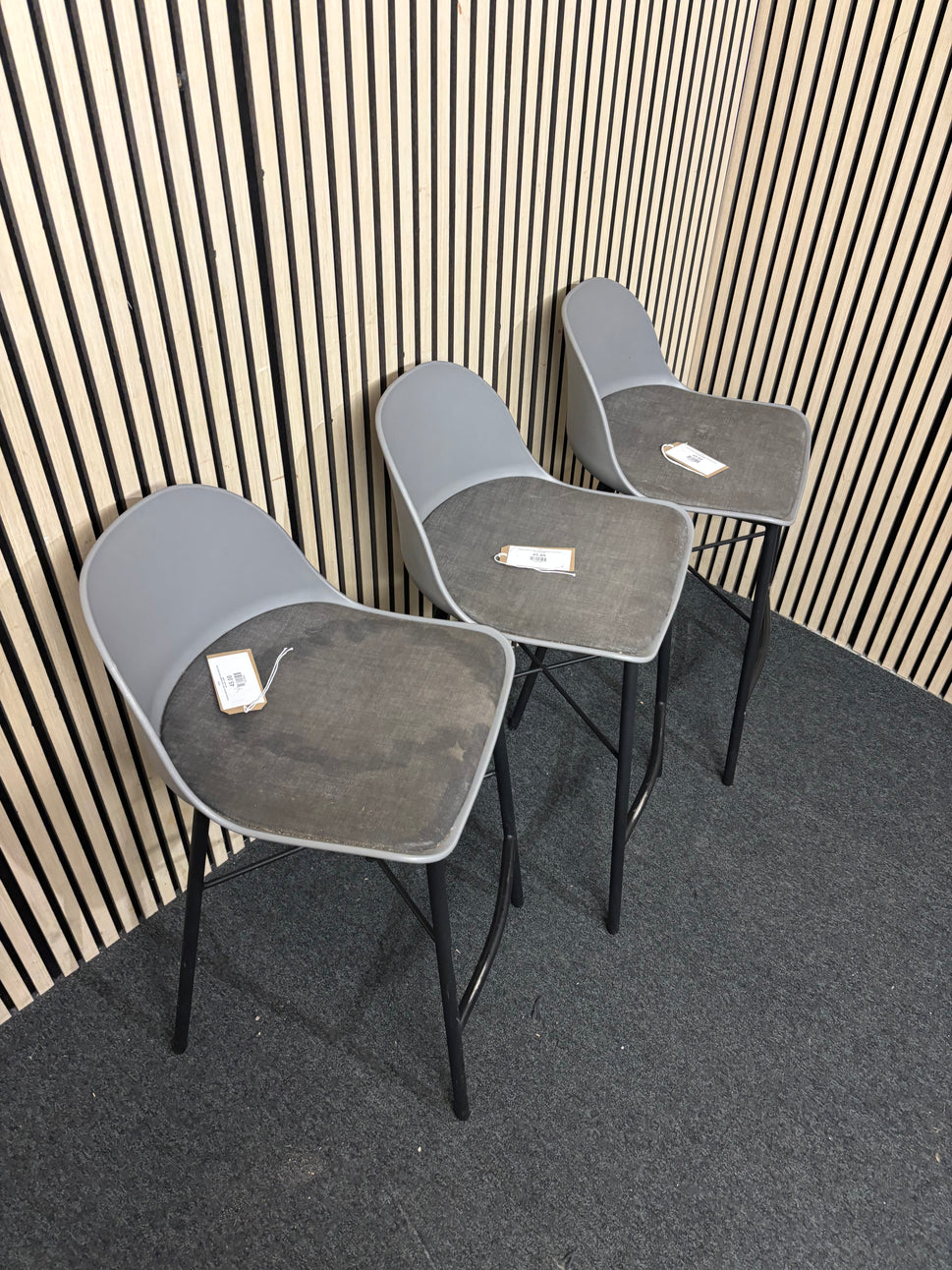 Tall black metal bar stool, grey padded fabric plastic back bar stool  44359