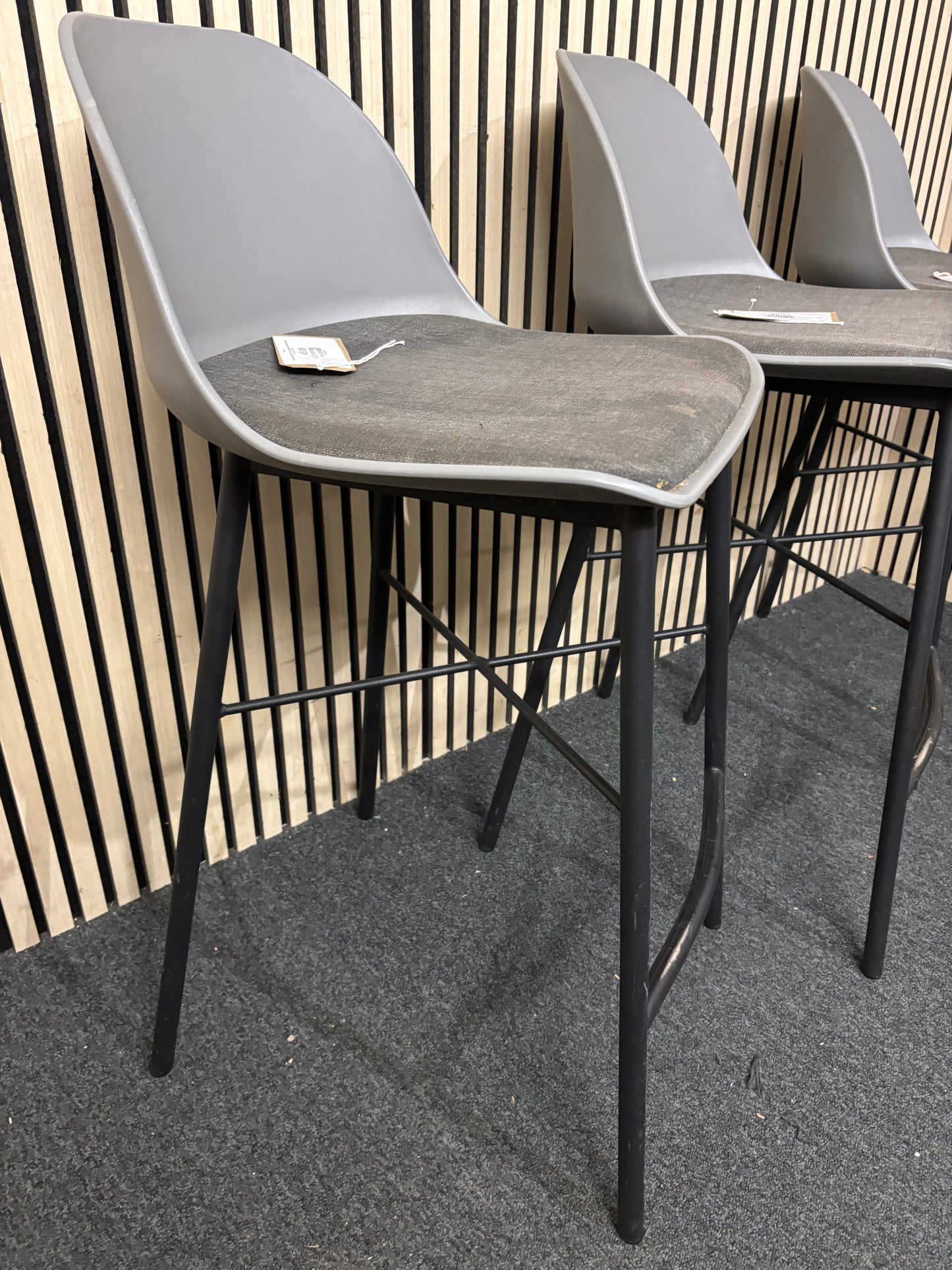 Tall black metal bar stool, grey padded fabric plastic back bar stool  44359