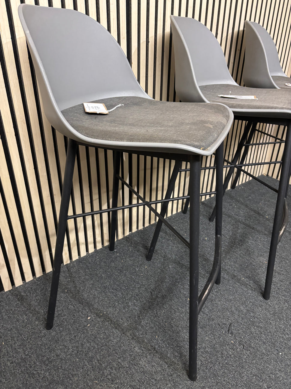 Tall black metal bar stool, grey padded fabric plastic back bar stool  44359