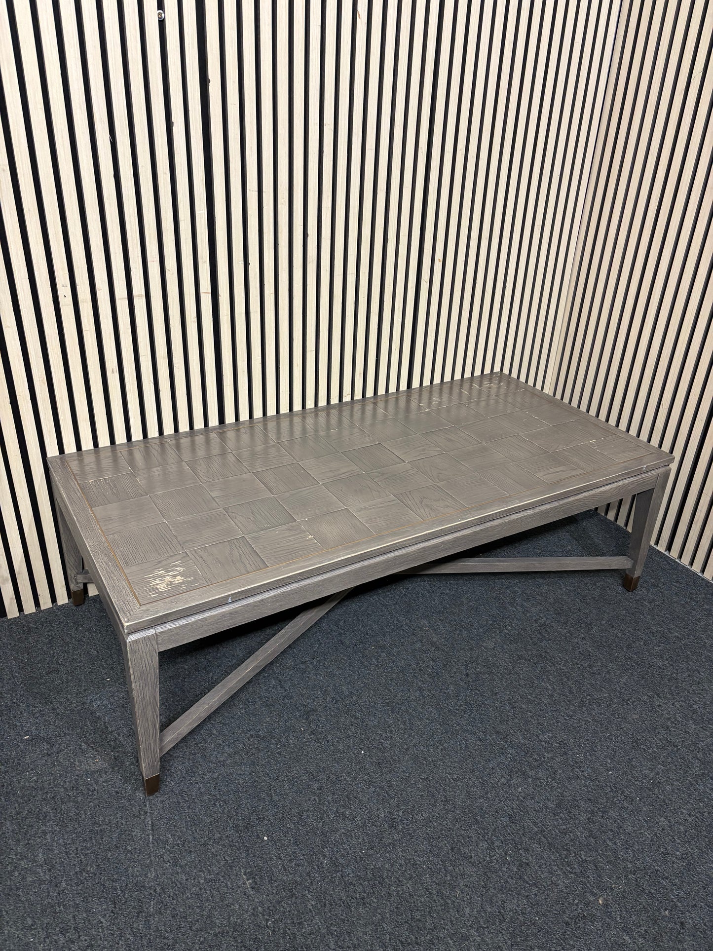 Grey-washed rectangular coffee table with parquet top and metal accents. (H 43 x W 140 x D 68 cm)  44352