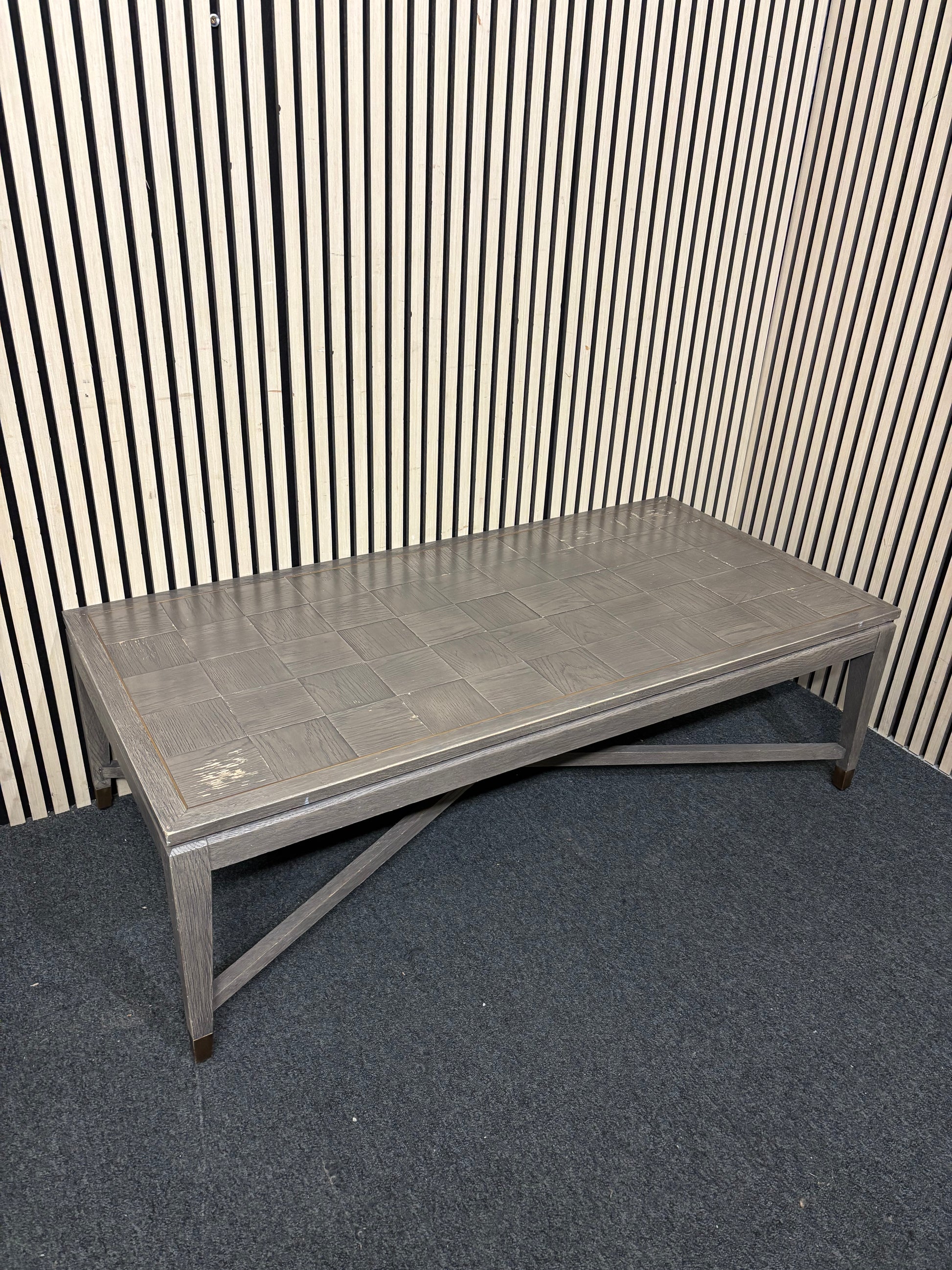 Grey-washed rectangular coffee table with parquet top and metal accents. (H 43 x W 140 x D 68 cm)  44352