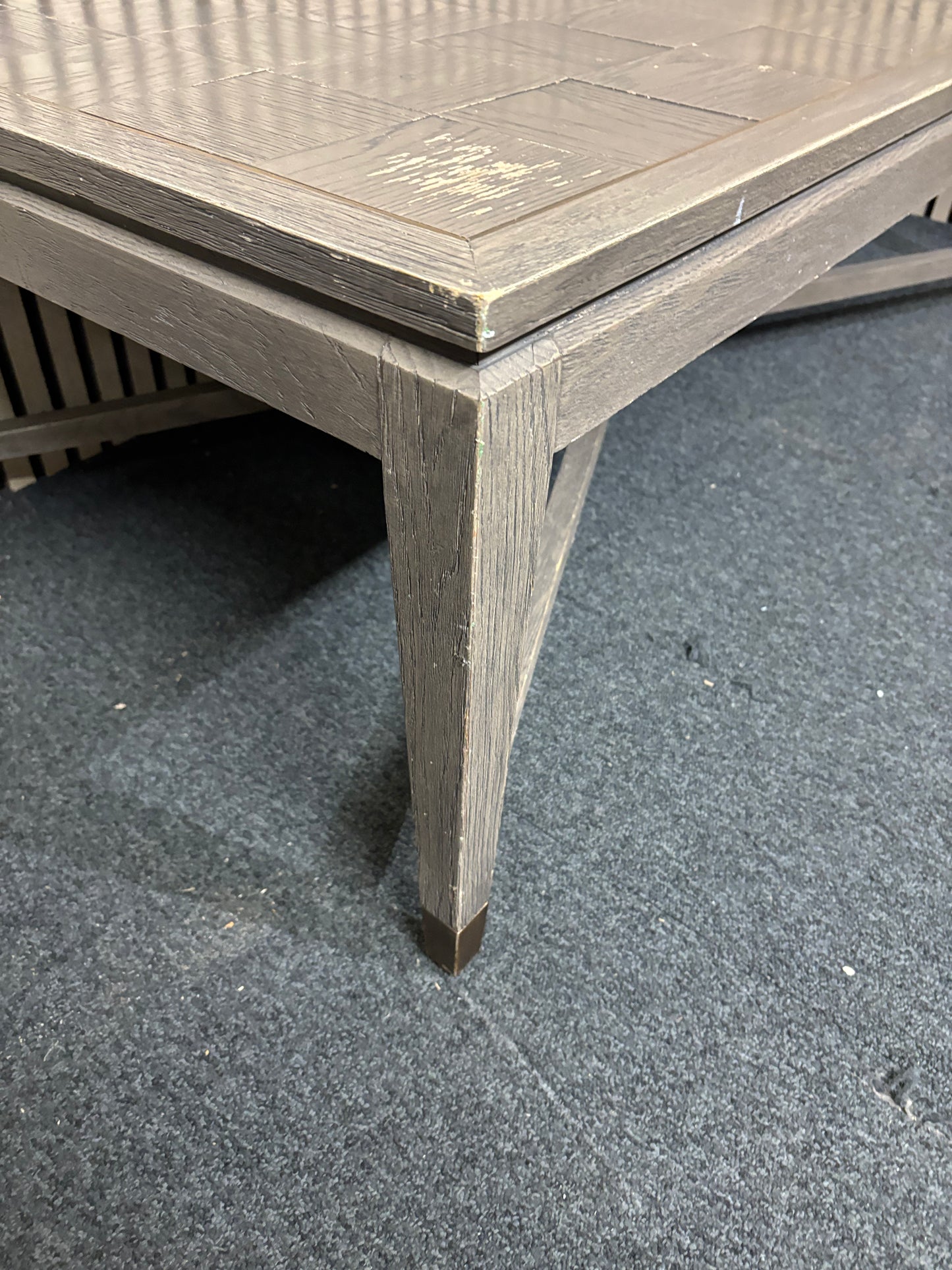 Grey-washed rectangular coffee table with parquet top and metal accents. (H 43 x W 140 x D 68 cm)  44352