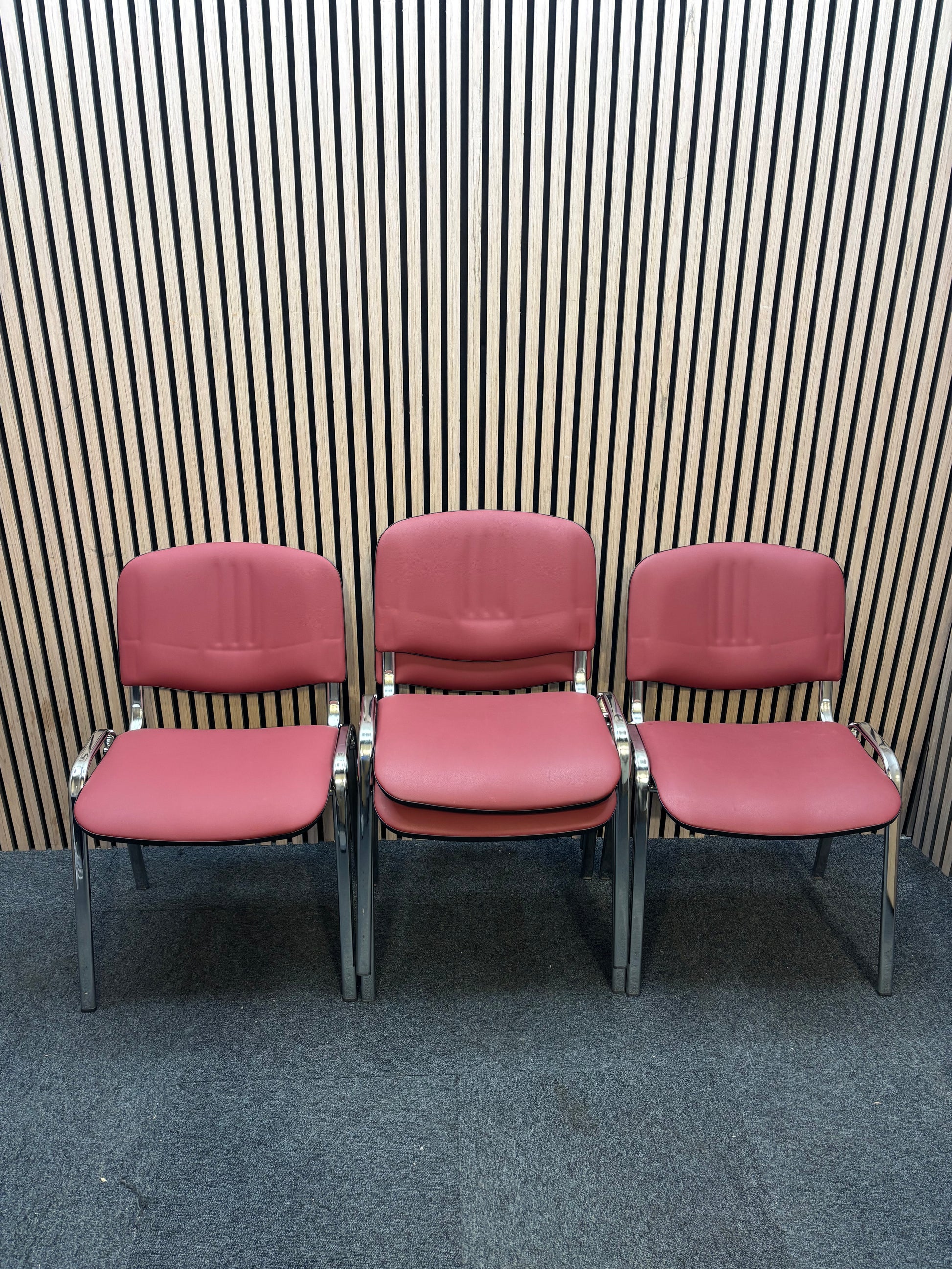 Ex Demo like new Chrome frame stacking chair, wine leatherette seat and back  J3964