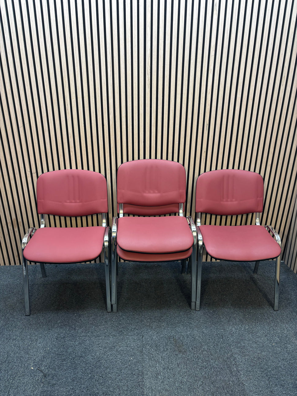 Ex Demo like new Chrome frame stacking chair, wine leatherette seat and back  J3964