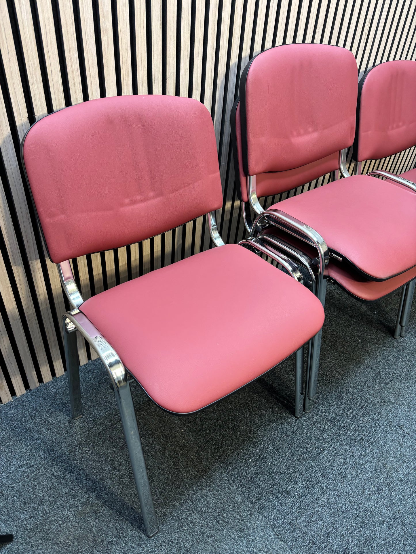 Ex Demo like new Chrome frame stacking chair, wine leatherette seat and back  J3964