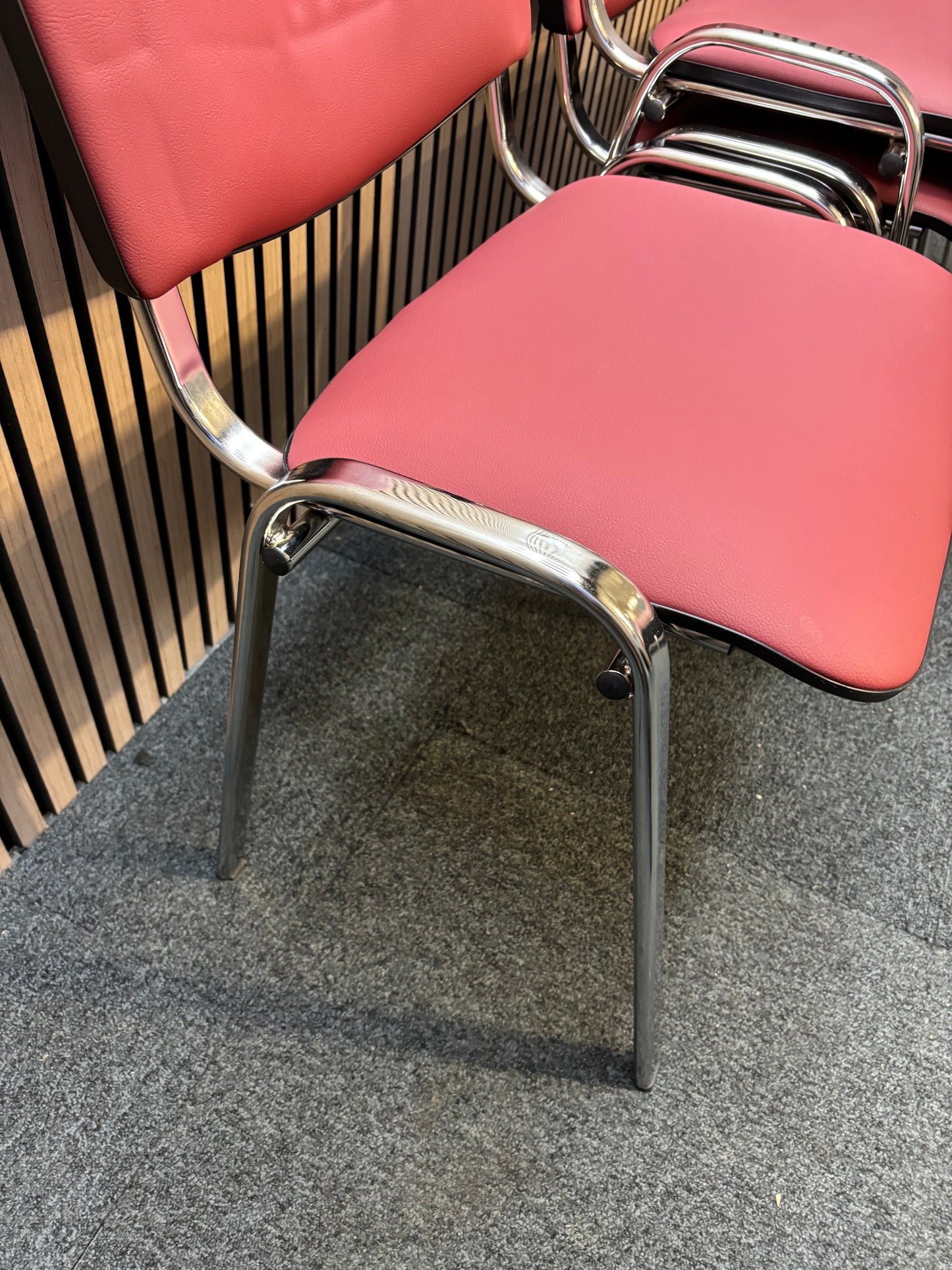 Ex Demo like new Chrome frame stacking chair, wine leatherette seat and back  J3964