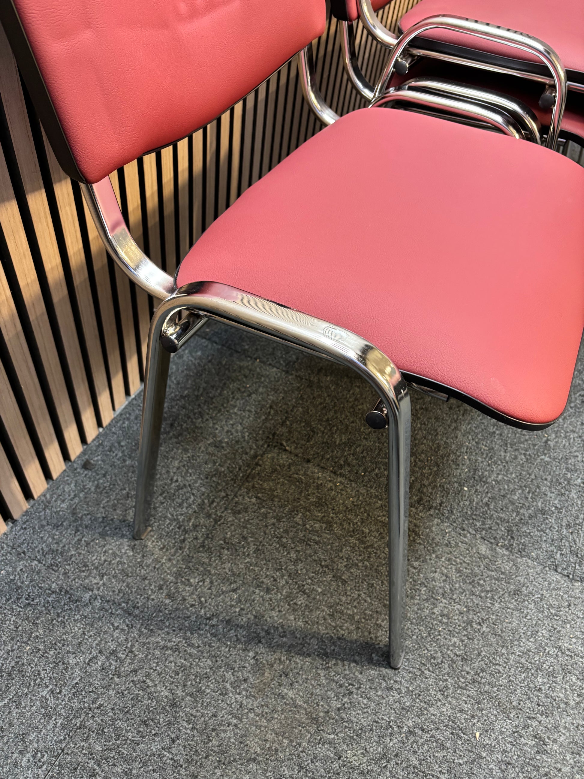 Ex Demo like new Chrome frame stacking chair, wine leatherette seat and back  J3964