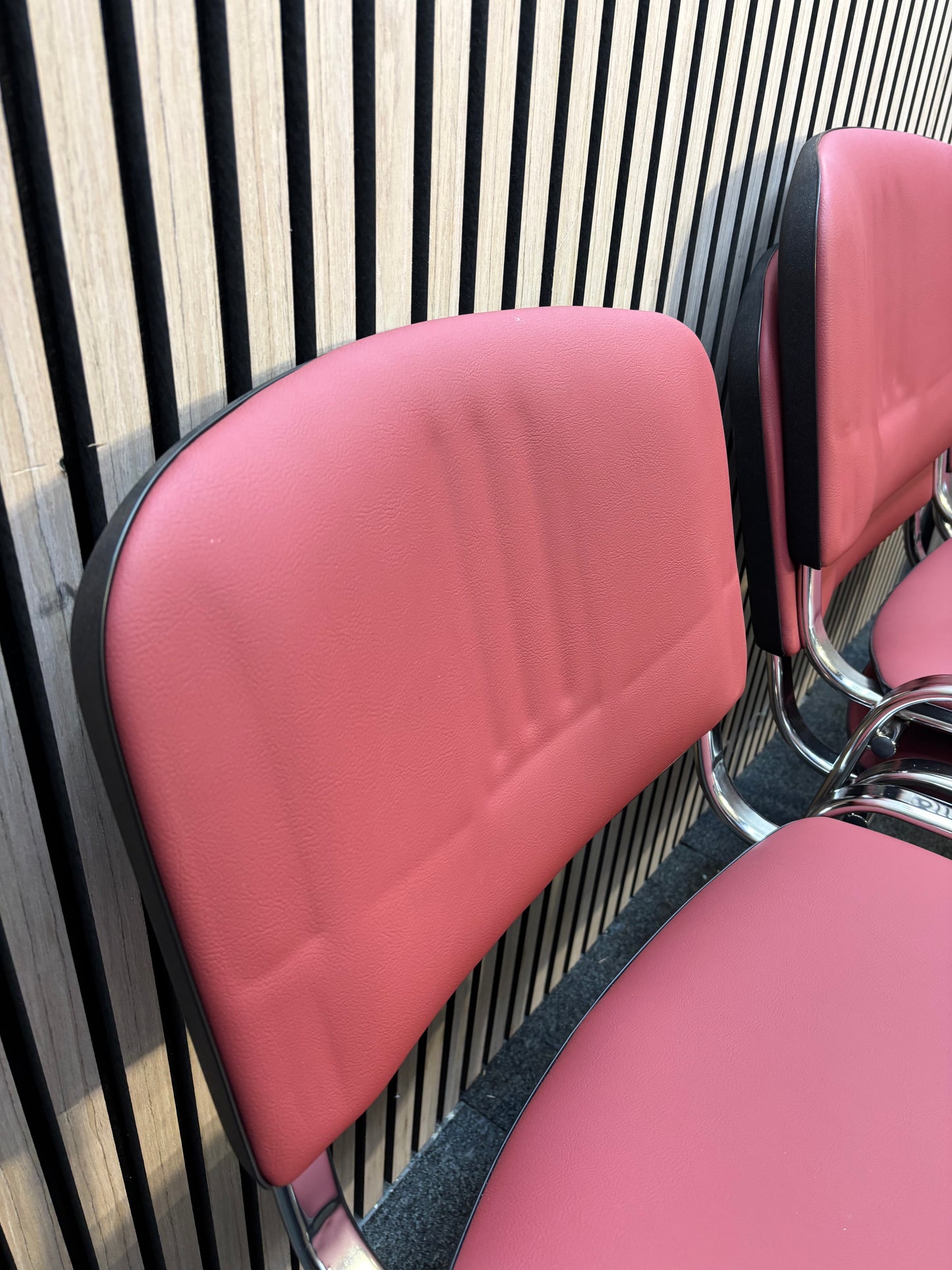 Ex Demo like new Chrome frame stacking chair, wine leatherette seat and back  J3964