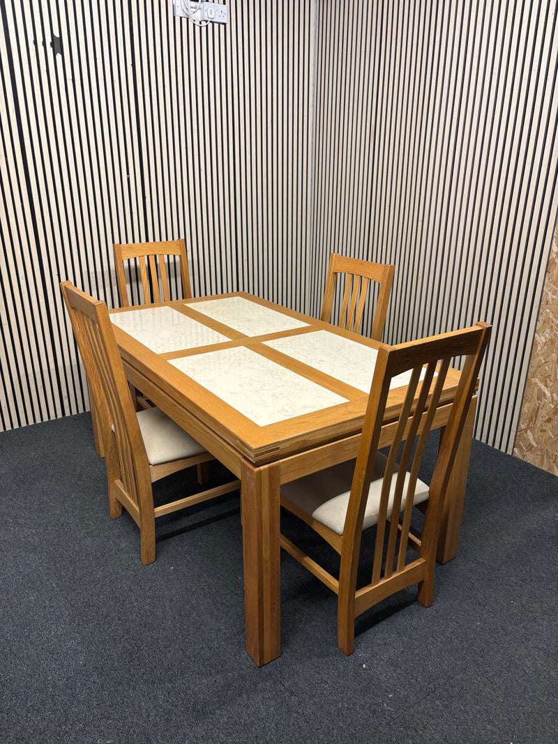 Solid oak rectangular dining table featuring cream marbled tile insets & 4 Dining Chairs  44442