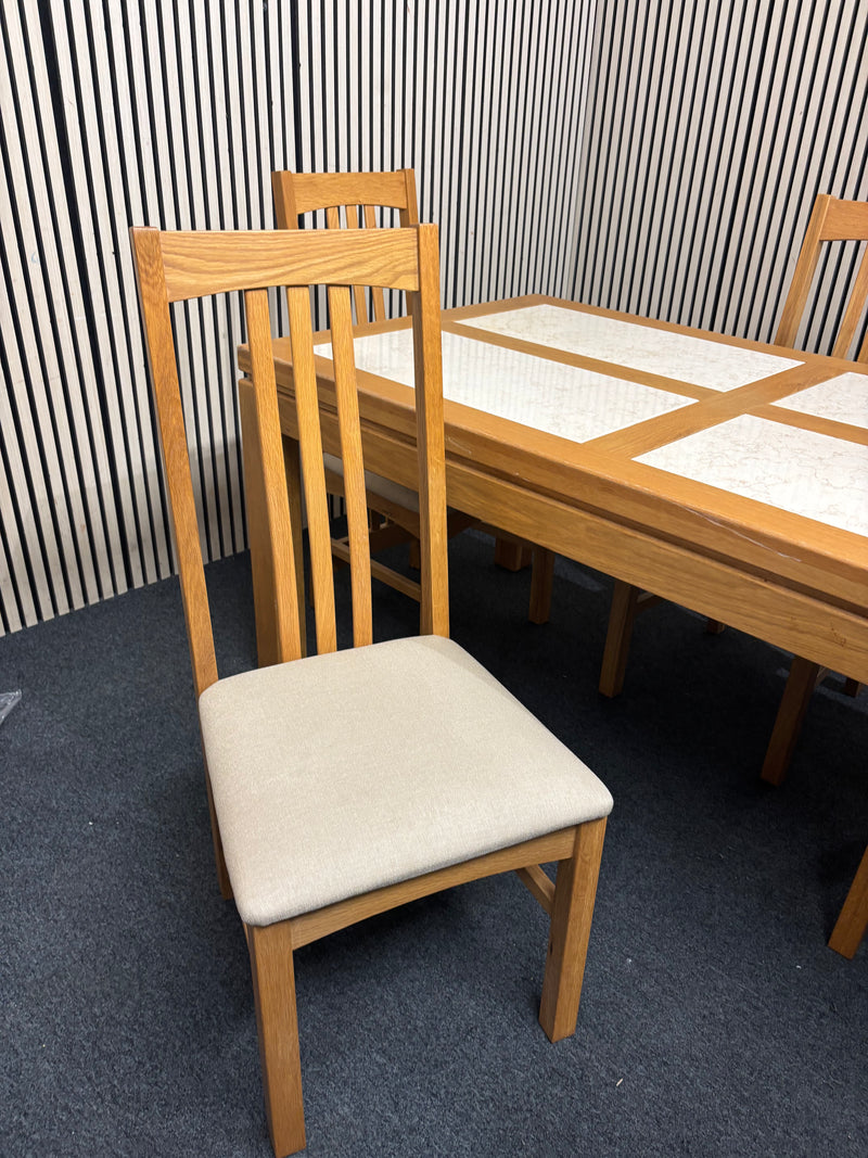 Solid oak rectangular dining table featuring cream marbled tile insets & 4 Dining Chairs  44442
