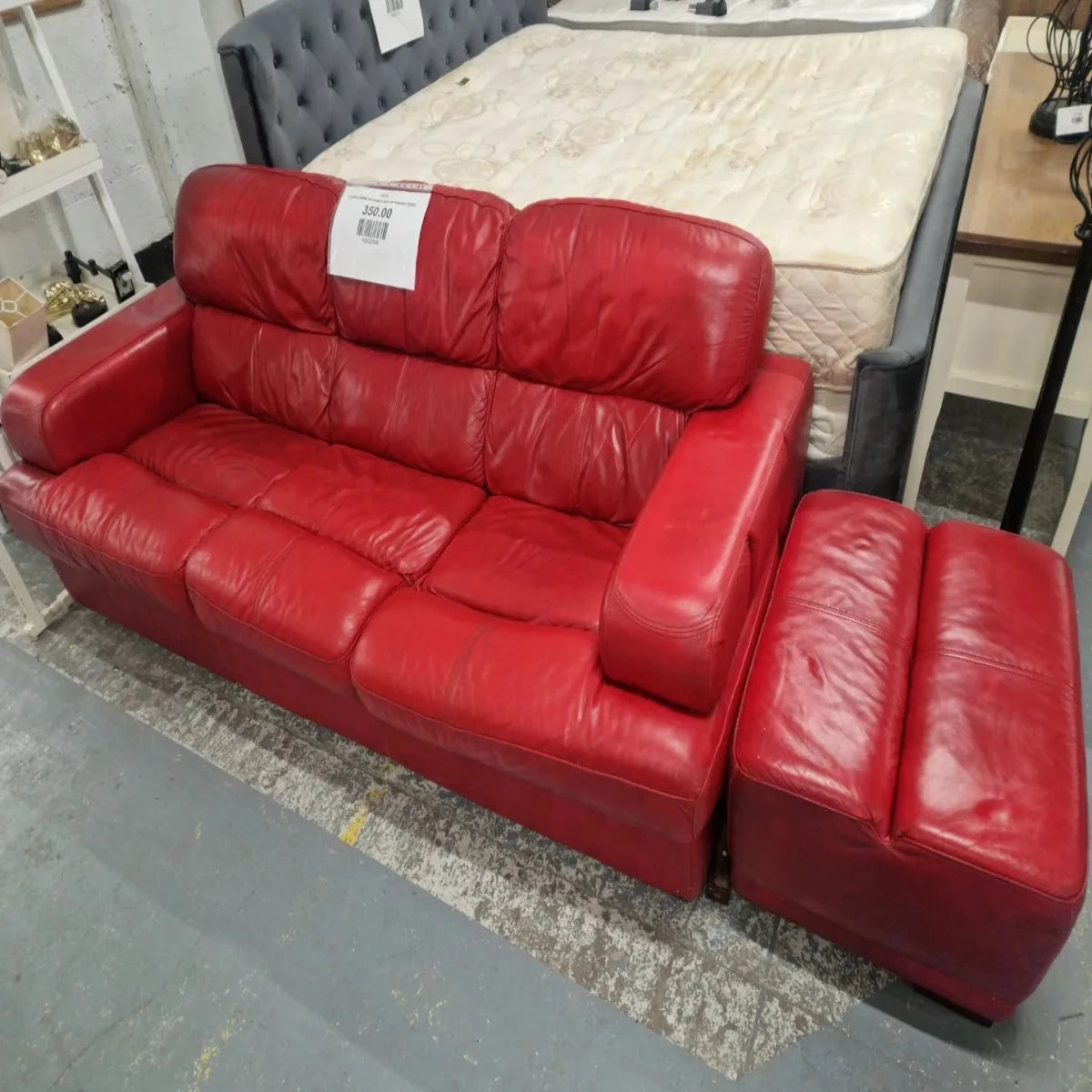 3 seater DARK red leather sofa cw footstool