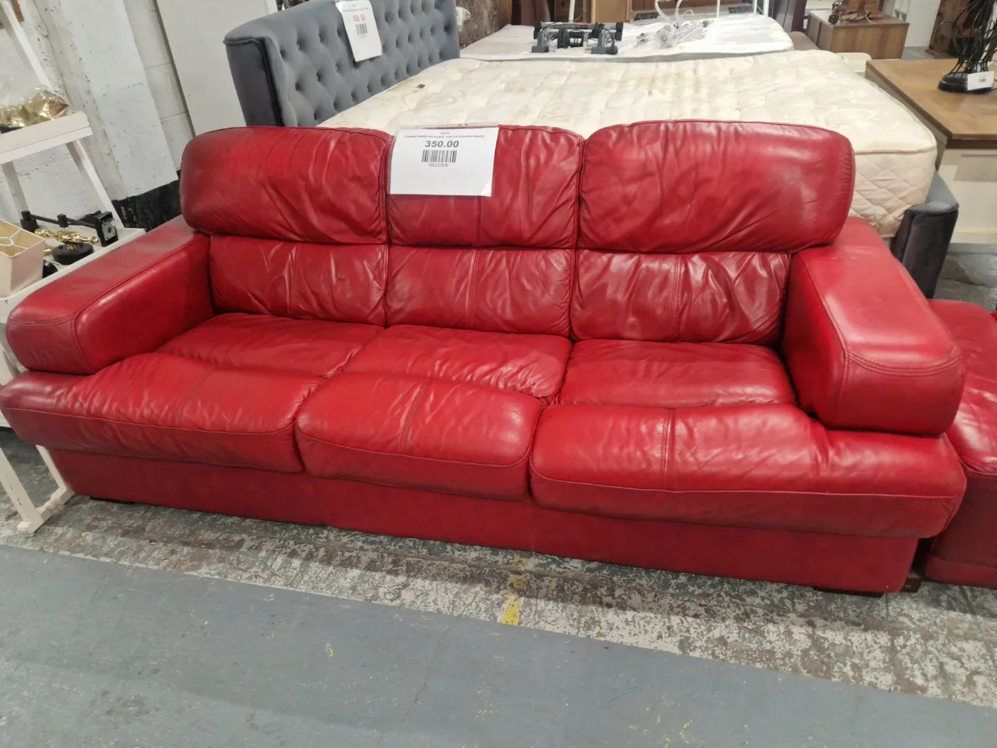 3 seater DARK red leather sofa cw footstool
