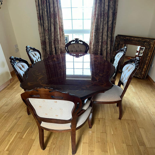 Mahogany inlaid high gloss top ornate dining table with 4 no. dining chairs and 2 no. carver chairs