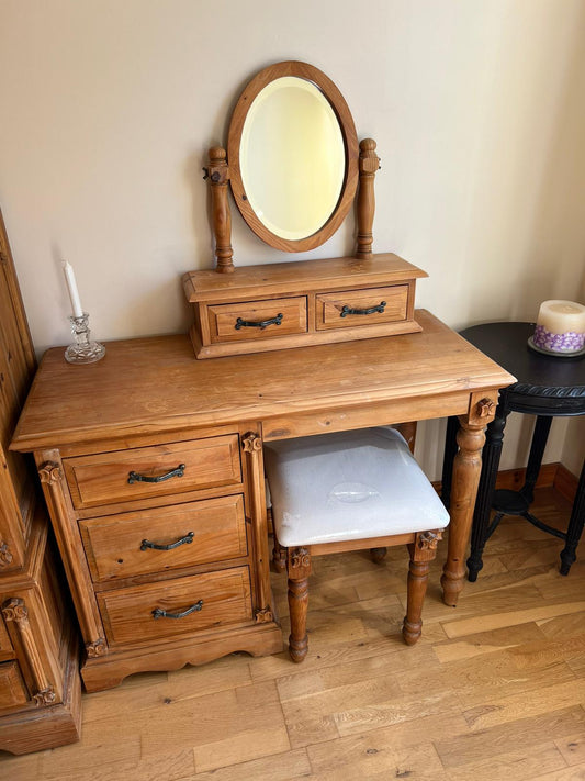 Solid pitch pine 3 drawer bedroom dresser with stool and dresser mirror