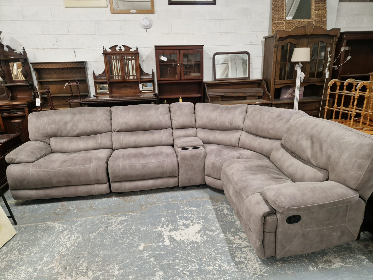 L shaped large sectional FABRIC recliner corner suite with storage and drinks holder