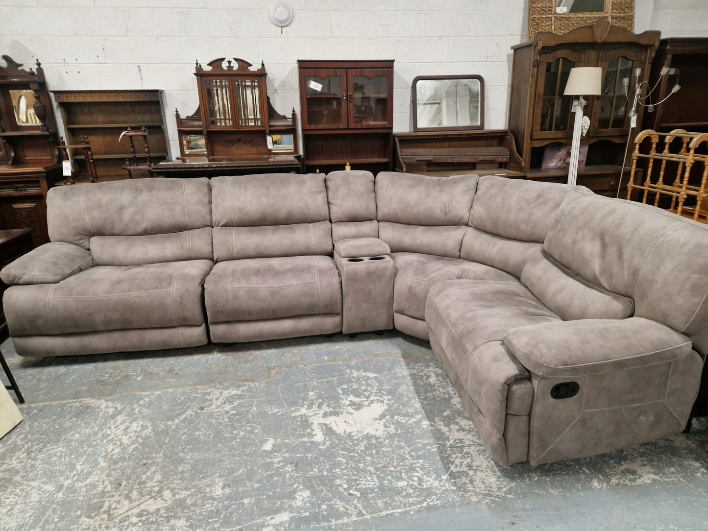 L shaped large sectional FABRIC recliner corner suite with storage and drinks holder