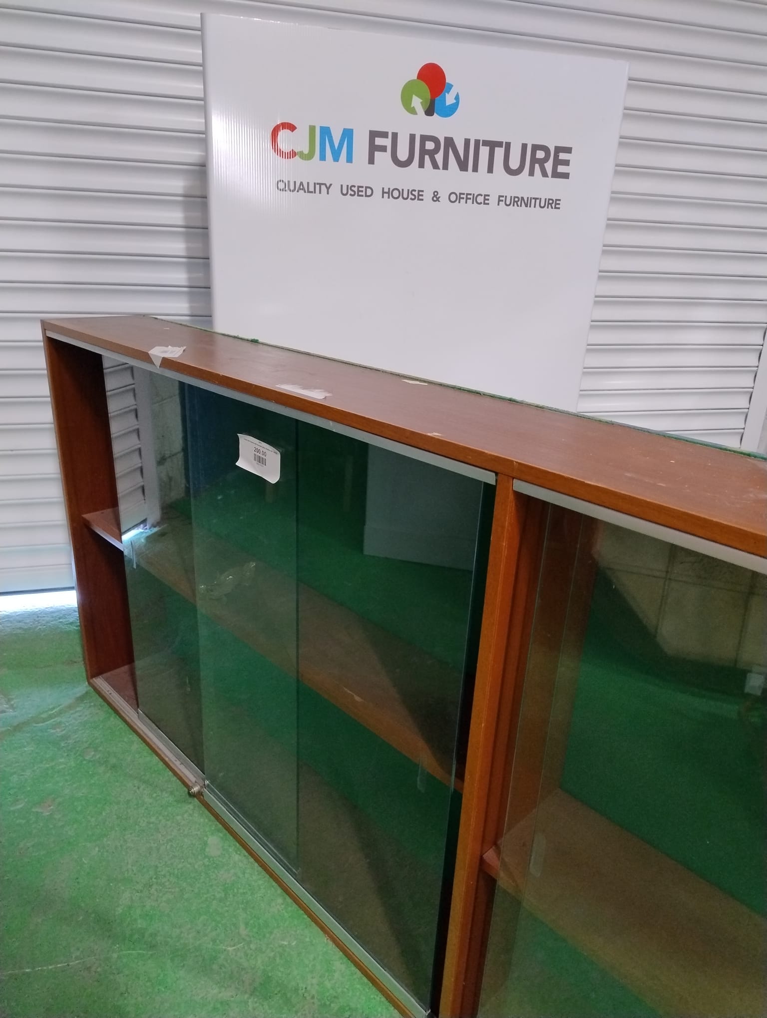 Large teak framed wall mounted glass display unit  (H 92 x W 234 x D 24 cm)