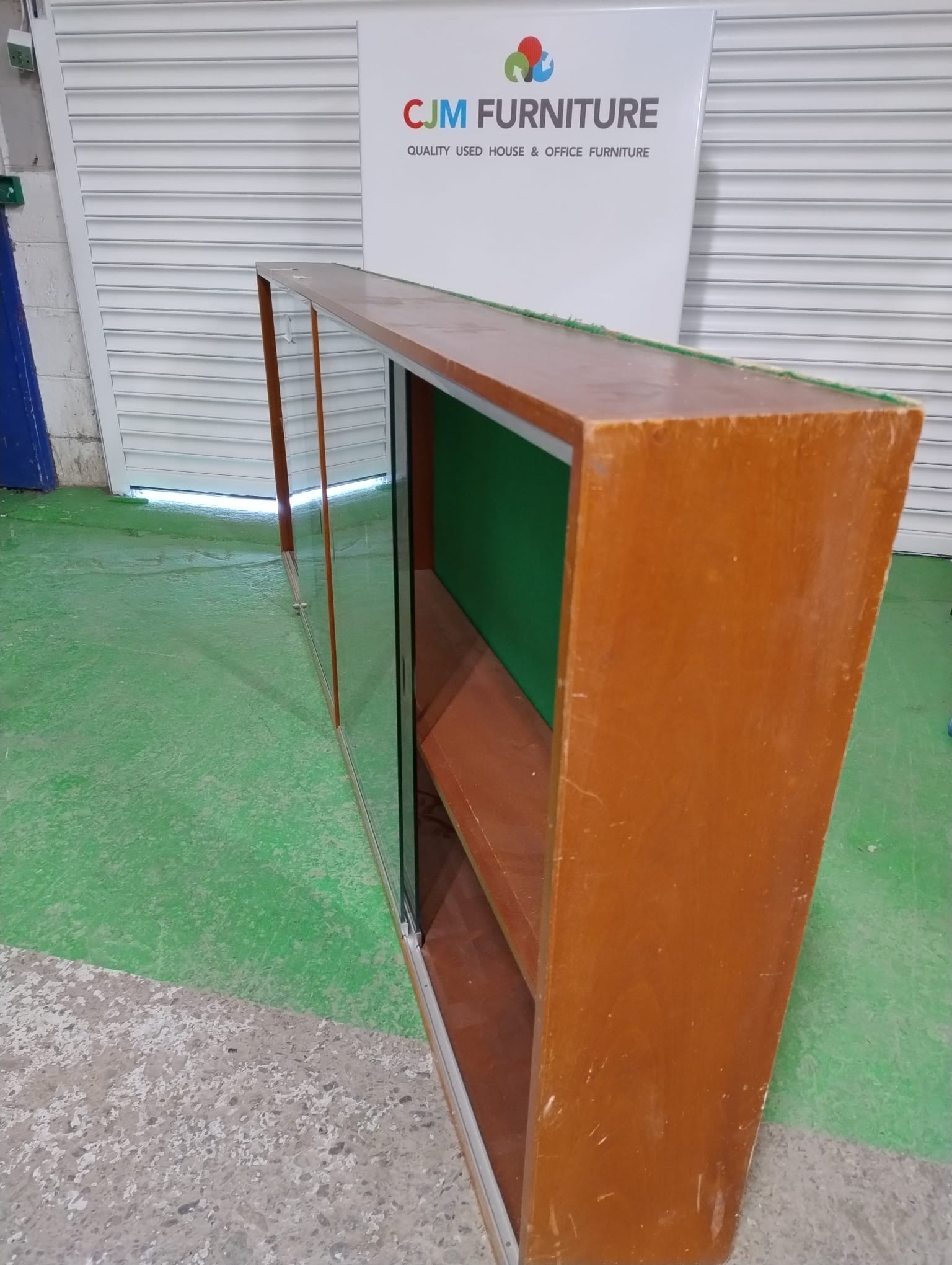 Large teak framed wall mounted glass display unit  (H 92 x W 234 x D 24 cm)