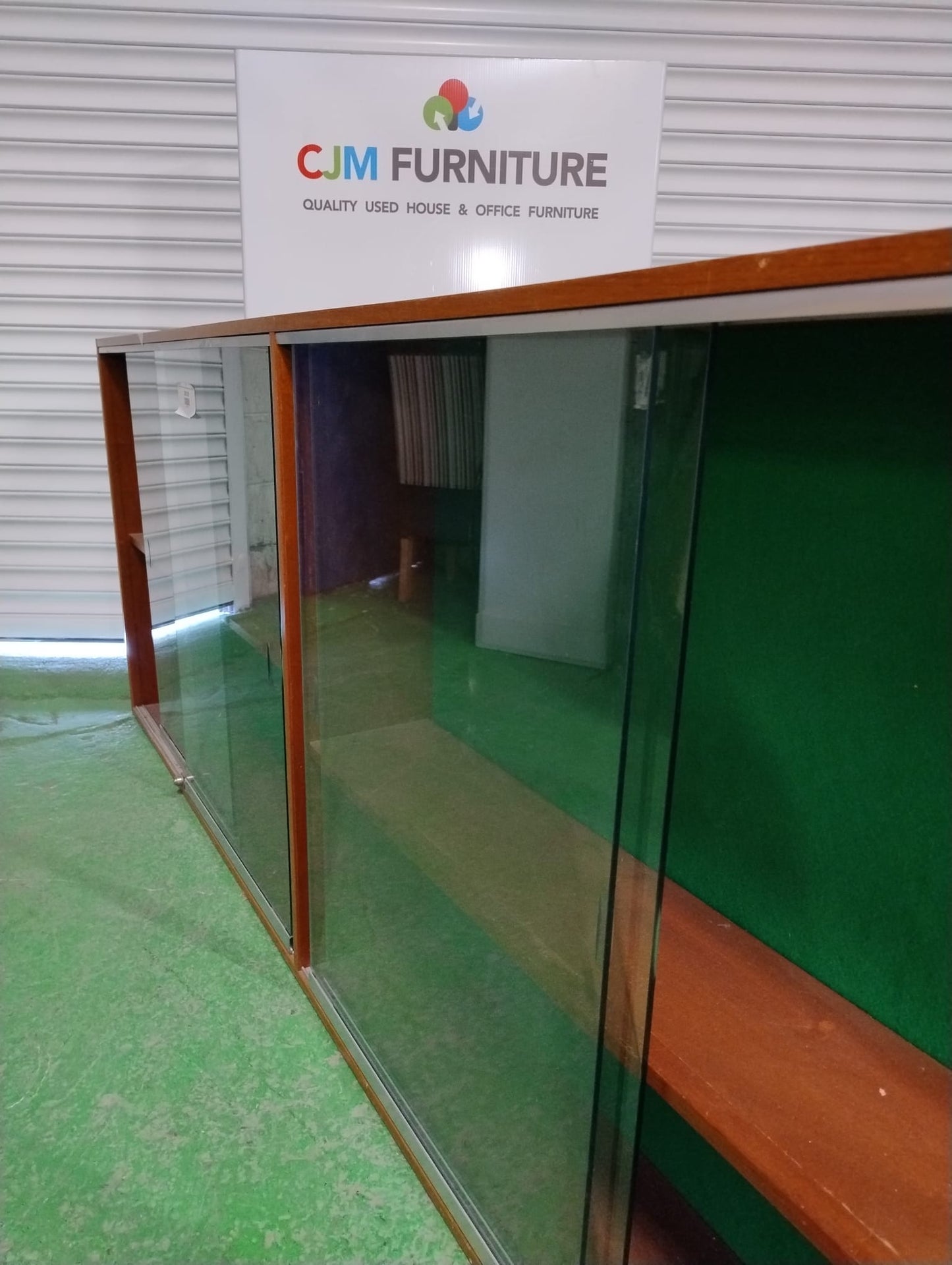 Large teak framed wall mounted glass display unit  (H 92 x W 234 x D 24 cm)