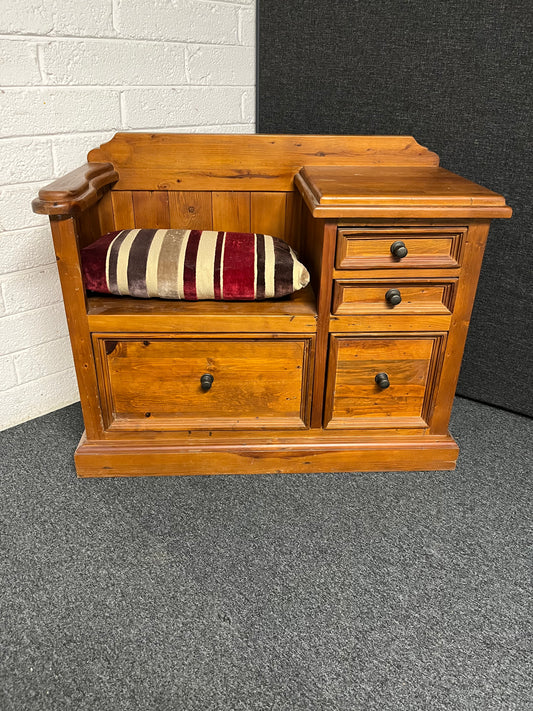 Solid pine stained 4 drawer telephone table with seat%A0 3125