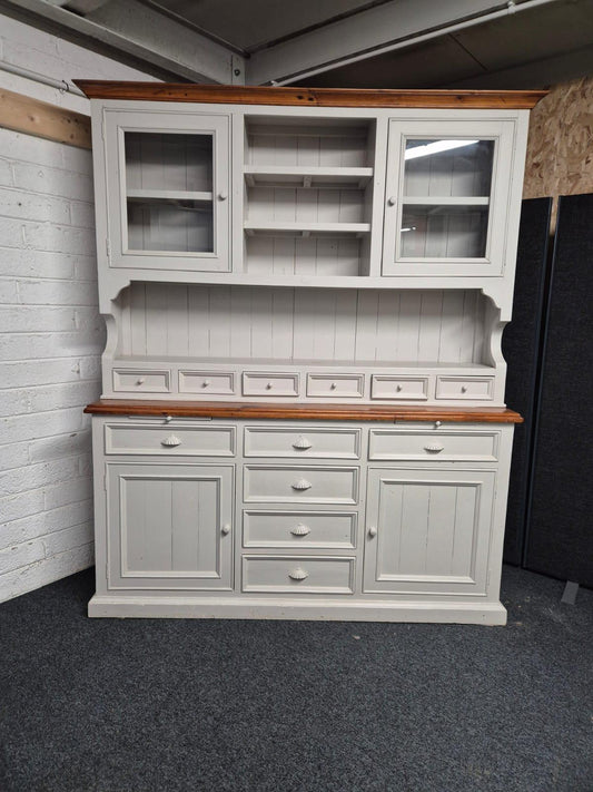 Large grey painted glass door wide kitchen dresser straight fronted top (H 2150 x W 1740 x D  540 mm) 3125