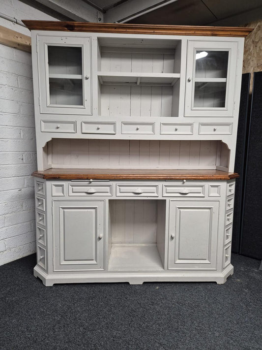 Large grey painted glass door wide kitchen dresser bow fronted top (H 2060 x W 1740 x D 540 mm)  3125