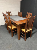 Switch Dark wood stained large kitchen table 90Wx1830L cm with tiled details and 6 no. matching chairs with rattan seat 2225 2 image