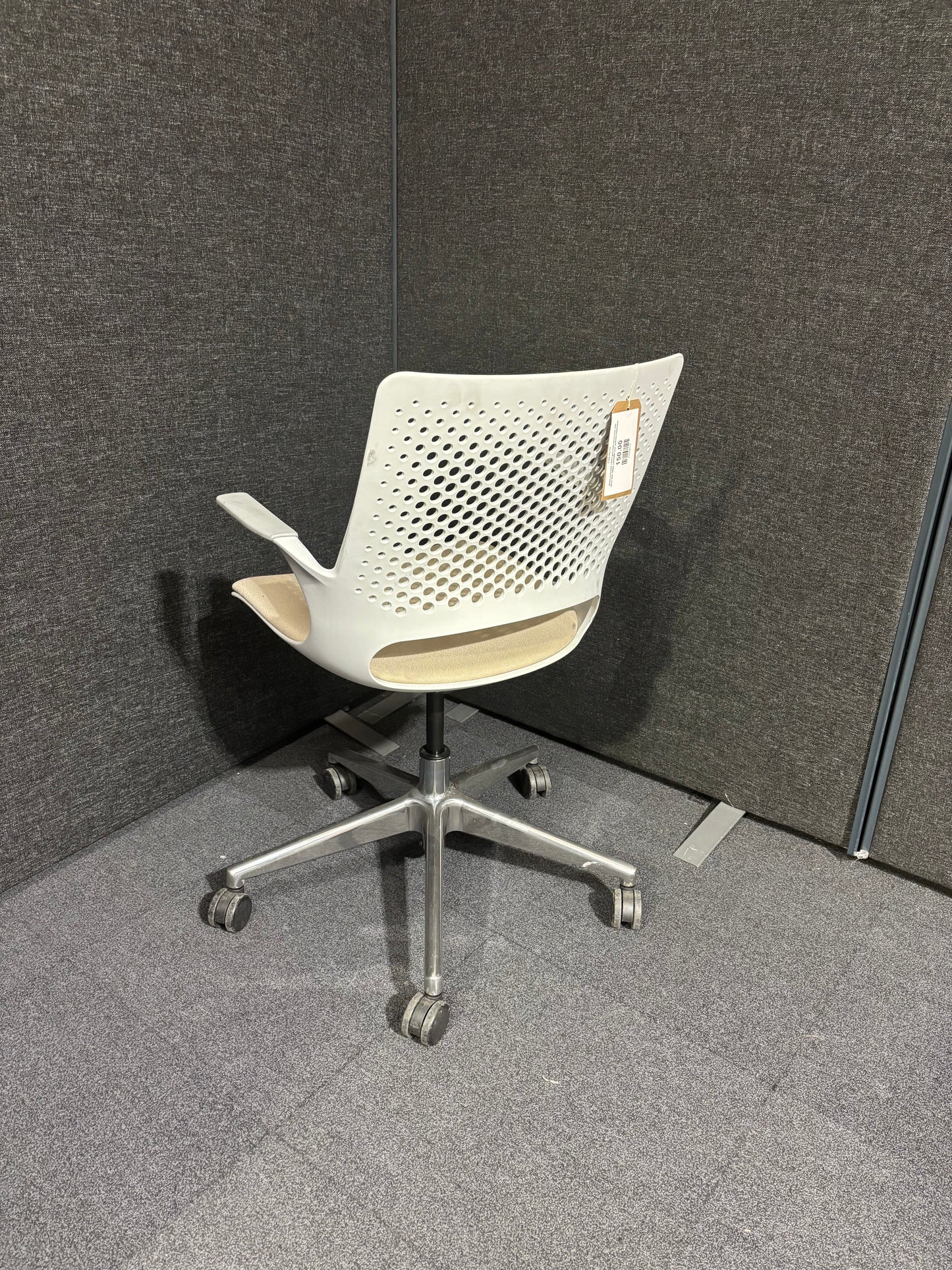 Solus perforated  LIGHT grey back swivel chair with fabric seat, height adjustable seat, polished metal base