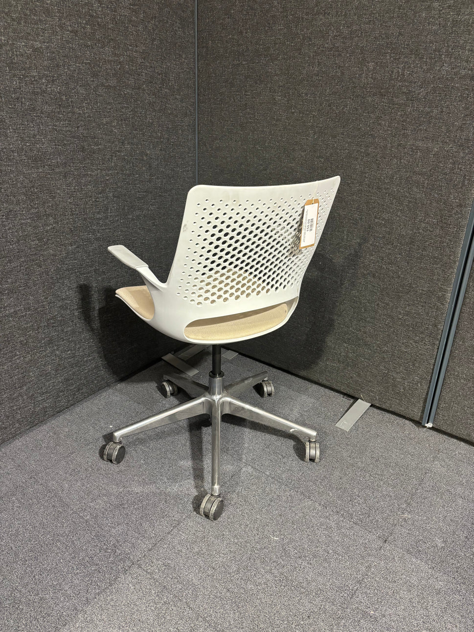 Solus perforated  LIGHT grey back swivel chair with fabric seat, height adjustable seat, polished metal base