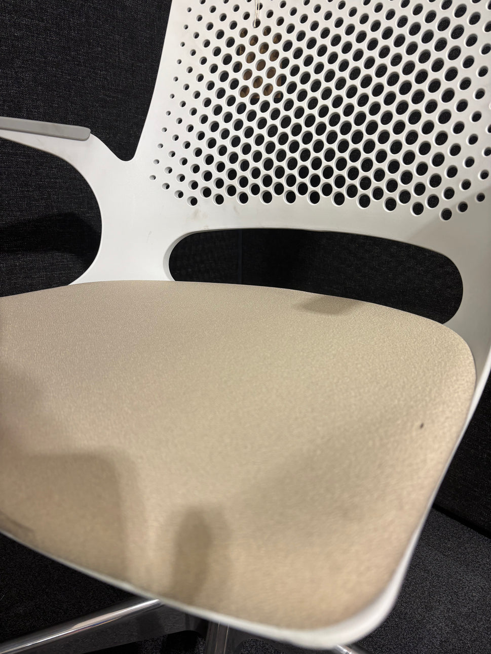Solus perforated  LIGHT grey back swivel chair with fabric seat, height adjustable seat, polished metal base