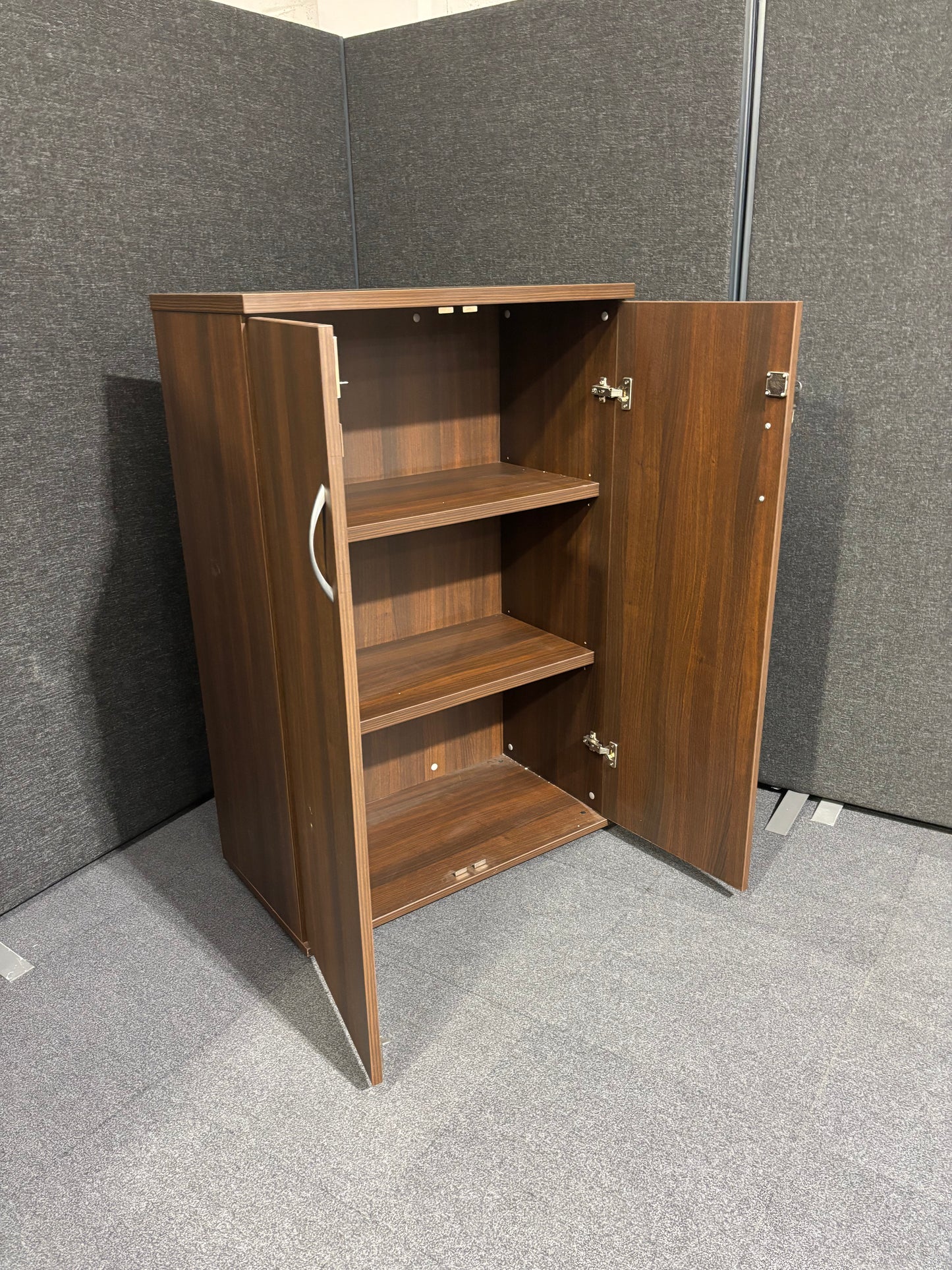 2 door walnut storage unit comes with shelves and keys (H 122 x W 80 x D 43 cm)