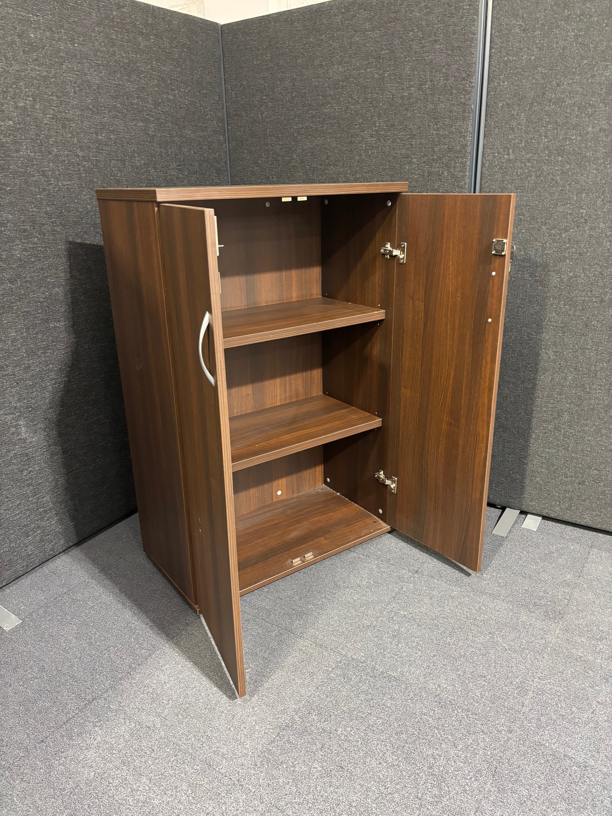 2 door walnut storage unit comes with shelves and keys (H 122 x W 80 x D 43 cm)