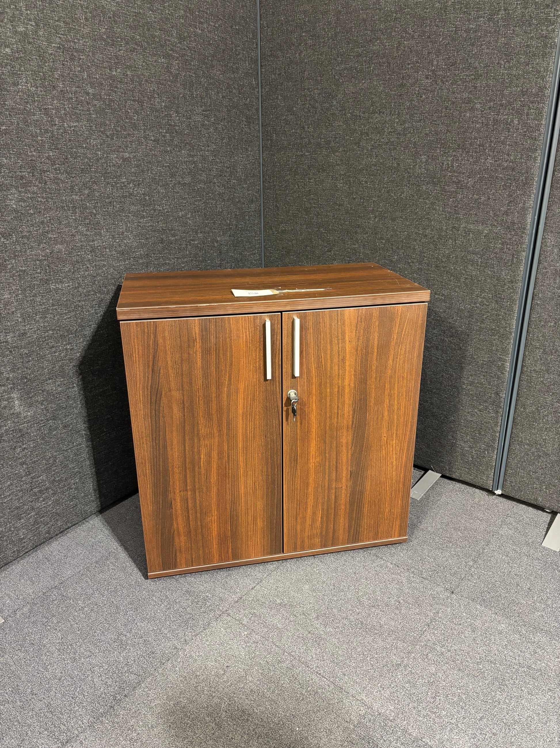 Low 2 door walnut storage unit comes with shelf and keys (H 83 x W 80 x D 43 cm)