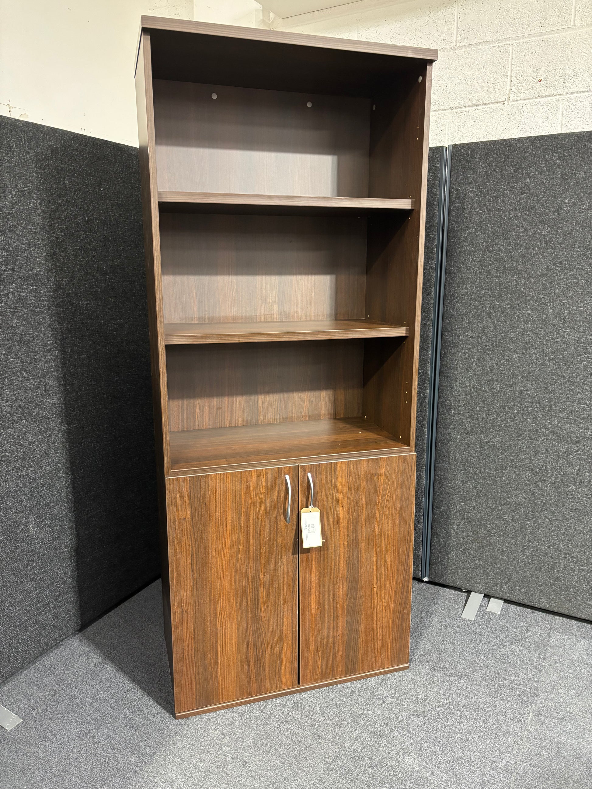 Tall 2 door walnut storage unit with open shelf space comes with keys (H 198 x W 80 x D 43 cm)