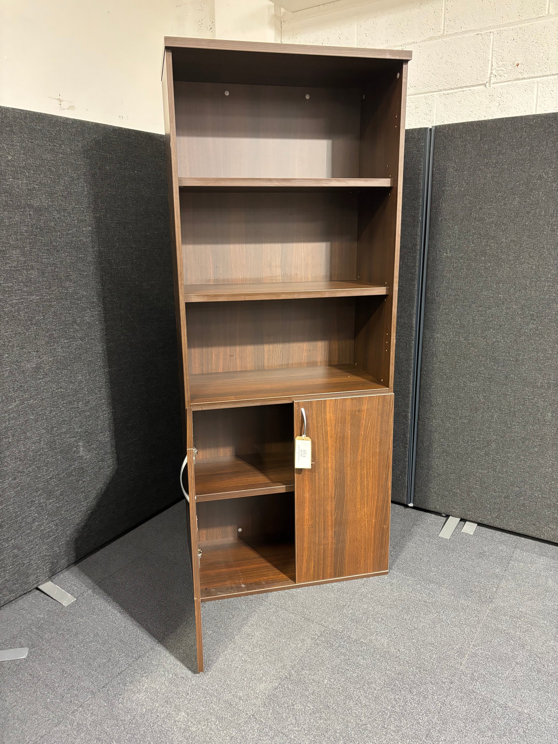 Tall 2 door walnut storage unit with open shelf space comes with keys (H 198 x W 80 x D 43 cm)