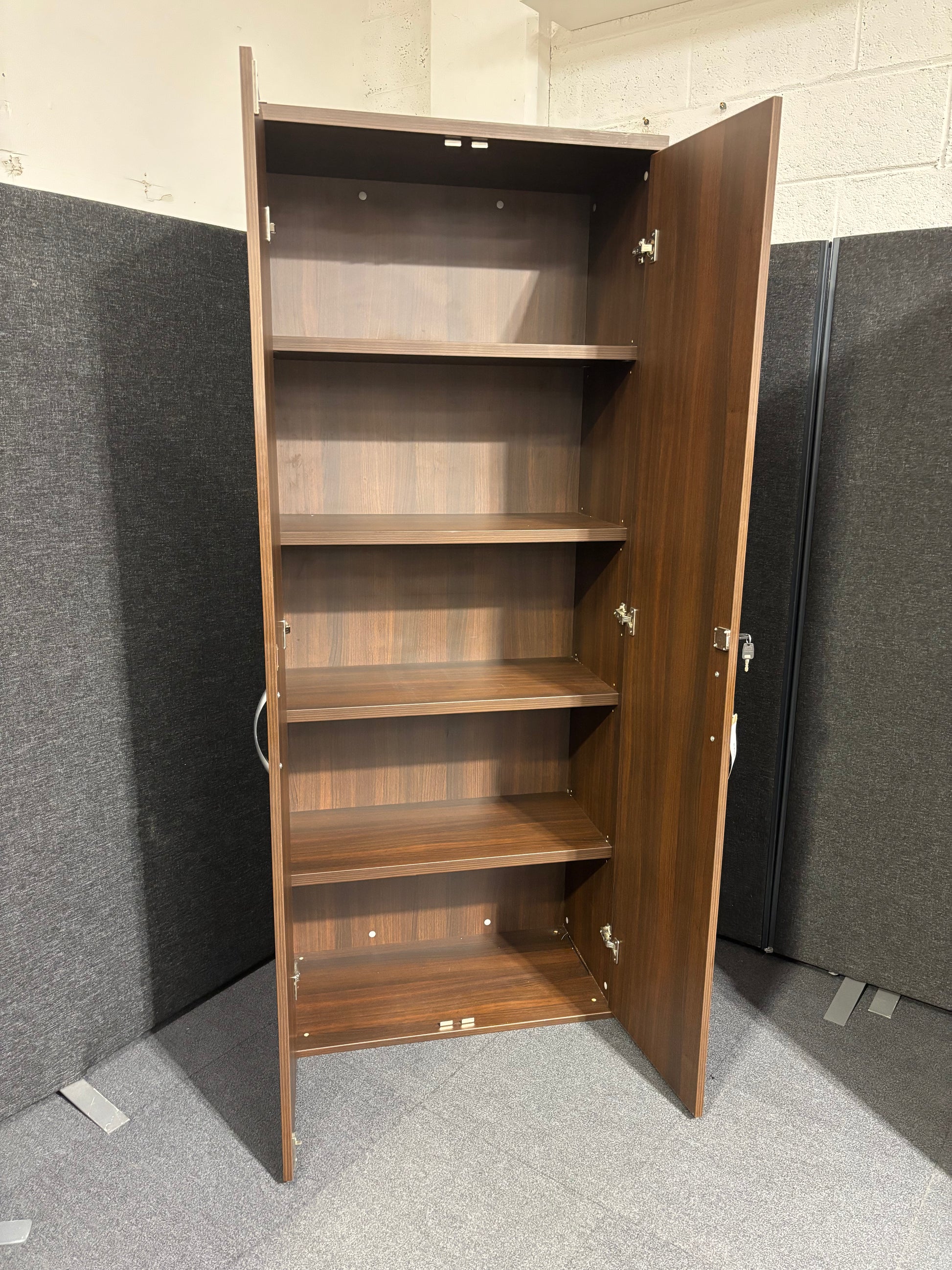 Tall 2 door walnut storage unit comes with shelves and keys (H 198 x W 80 x D 43 cm)