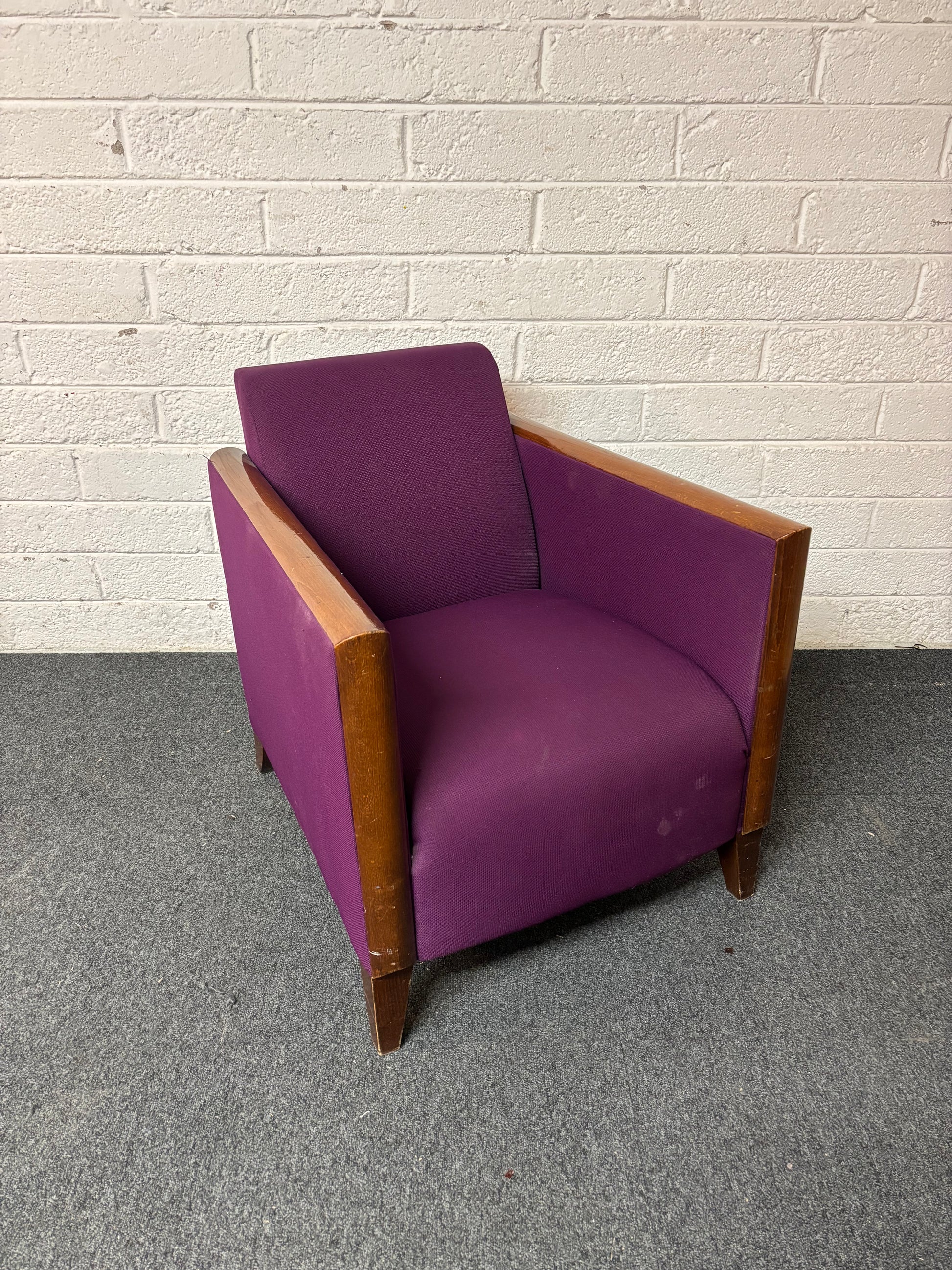 Solid cherry wood framed lounge chair with dark purple fabric  1325